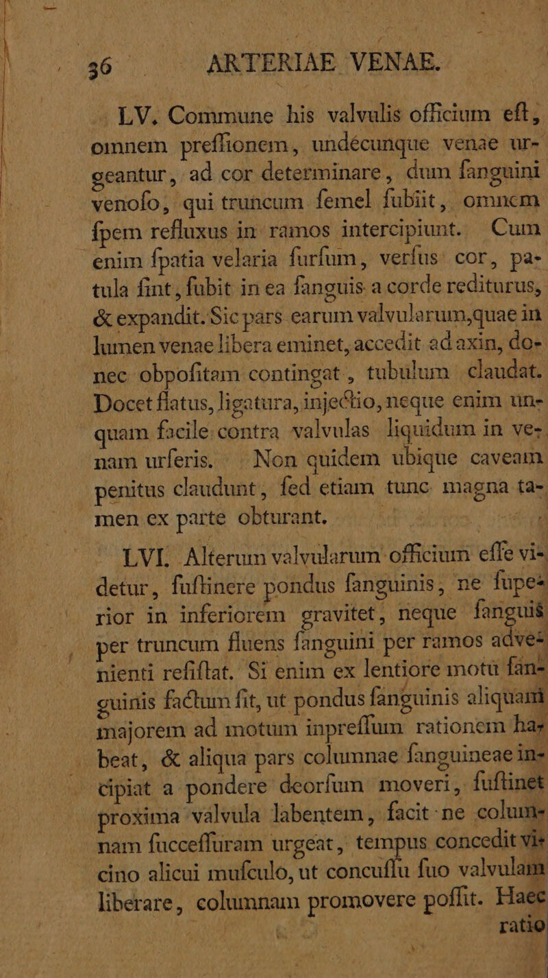 LV. Commune his valvulis officium eft, omnem preffionem, undécunque venae ur- geantur, ad cor determinare , dum fanguini venofo, qui truncum femel fubiit,| omncm fpem refluxus in: ramos intercipiunt. Cum enim fpatia velaria furfum, verfus: cor, pa- tula fint, fubit in ea fanguis a corde rediturus, &amp; expandit. Sic pars earum valvulorum,quae in lumen venae libera eminet, accedit ad axin, do. nec obpofitam contingat , tubulum | claudat. Docet flatus, ligatura, injectio, neque enim un quam facile. contra valvulas liquidum in ve: nam urferis. | Non quidem ubique caveam penitus claudunt, fed etiam tunc magna ta- men ex parte obturant. | ou LVI. Alterum valvularum officium effe vis. detur, fuflinere pondus fanguinis, ne füpez rior in inferiorem gravitet, neque fanguis | per truncum fluens fanguini per ramos adve? nienti refiflat. Si enim ex lentiore motu fan? eL. AUTE MS S . NM. guinis factum fit, ut pondus fanguinis aliquam majorem ad motum inpreffum rationem hag . beat, &amp; aliqua pars columnae fanguineaeins cipiat a pondere deorfum moveri, fuftinet proxima valvula labentem, facit: ne colume nam fucceffüram urgeat, tempus concedit vie cino alicui mufculo, ut concuflu fuo valvulam liberare, columnam promovere poffit. Haee A | ratio H4 |j [. .N