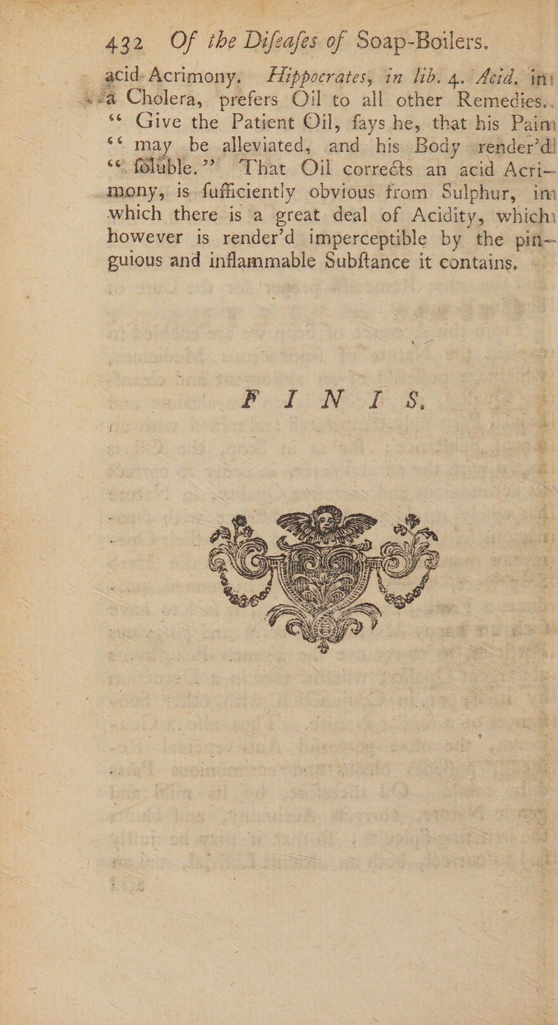 acid-Acrimony. iippocrates, in lib. 4. Acid. ini «#4 Cholera, prefers Oil to all other Remedies. ** Give the Patient Oil, fays he, that his Paim ** may be alleviated, and. his. Body —render’dl «€ fóluble. That Oil corrects an acid Acri— mony, is fuficiently obvious from Sulphur, im which there is a great deal of Acidity, which: however is render'd imperceptible by the pin- guious and inflammable Subftance it contains. —