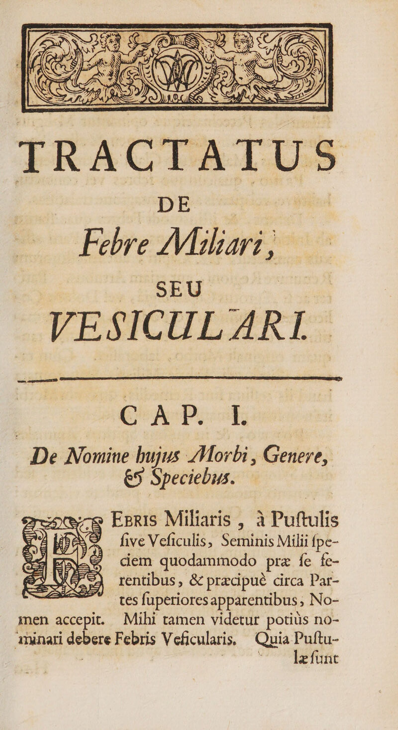 DE Febre AMaliari , ggg VESICULARL- — id QA P. | De Nomiue bujus Morbi , Genere, €5 Speciebus. v-e Epnis Miliaris , à Puftulis (EXE five Veficulis, Seminis Milii fpc- -€&amp; cem quodammodo pra fe fe- rentibus , &amp; pracipué circa Par- tes fuperioresapparentibus ; No- men accepit. Mihi tamen videtur potius no- aminari debere Febris Veficularis; | Quia Puftu- | dau ui