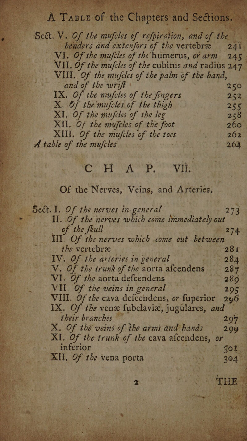 a rs and extenfors of the vertebre 24 ¢ ~ VI. Of the mufcles of the humerus, or arm 245 VII. Of the mu/cles of the cubitus and radius 247 VU. Of the mufeles of the palm of the hand, me, * 2 and of the wrift ' pia, OO IX. Of the mufeles of the fingers ‘; 252, X. Of the mufcles of the thigh Ee 2 XI. Of the mufcles of the leg 2 58 XII. Of the mufeles of the foot 260. my XII. Of the mujfiles of the toes gt 3h aan A table met ee mufcles | s. * 264 — : c Ee eae. a OF the Nerves, Veins, and Arteries, ‘ Seat. 1 Of the nerves in. general | 273 | _ _IL..OF the nerves which come tik cccan it out of the fkull : a 274 AIT. Of the nerves which come out between si AA Rede 47 vertebrx ? aS e | } pa: IV. Of the arteries in general Sr ‘ 284 ; VV. Of the trunk of the aorta afcendens ~ 287 VI. Of the aorta defcendens _ or 280% VIL Of the veins in general 205 VIII. Of the cava defcendens, or fuperior 290 IX. Of the ven fubclavize, jugilares, and their branches piers: a X. OF thé veins of the arms aind'bands / 299° XI. Of the trunk of the cava mete OF Lik | go inferior i ai Of the vena porta