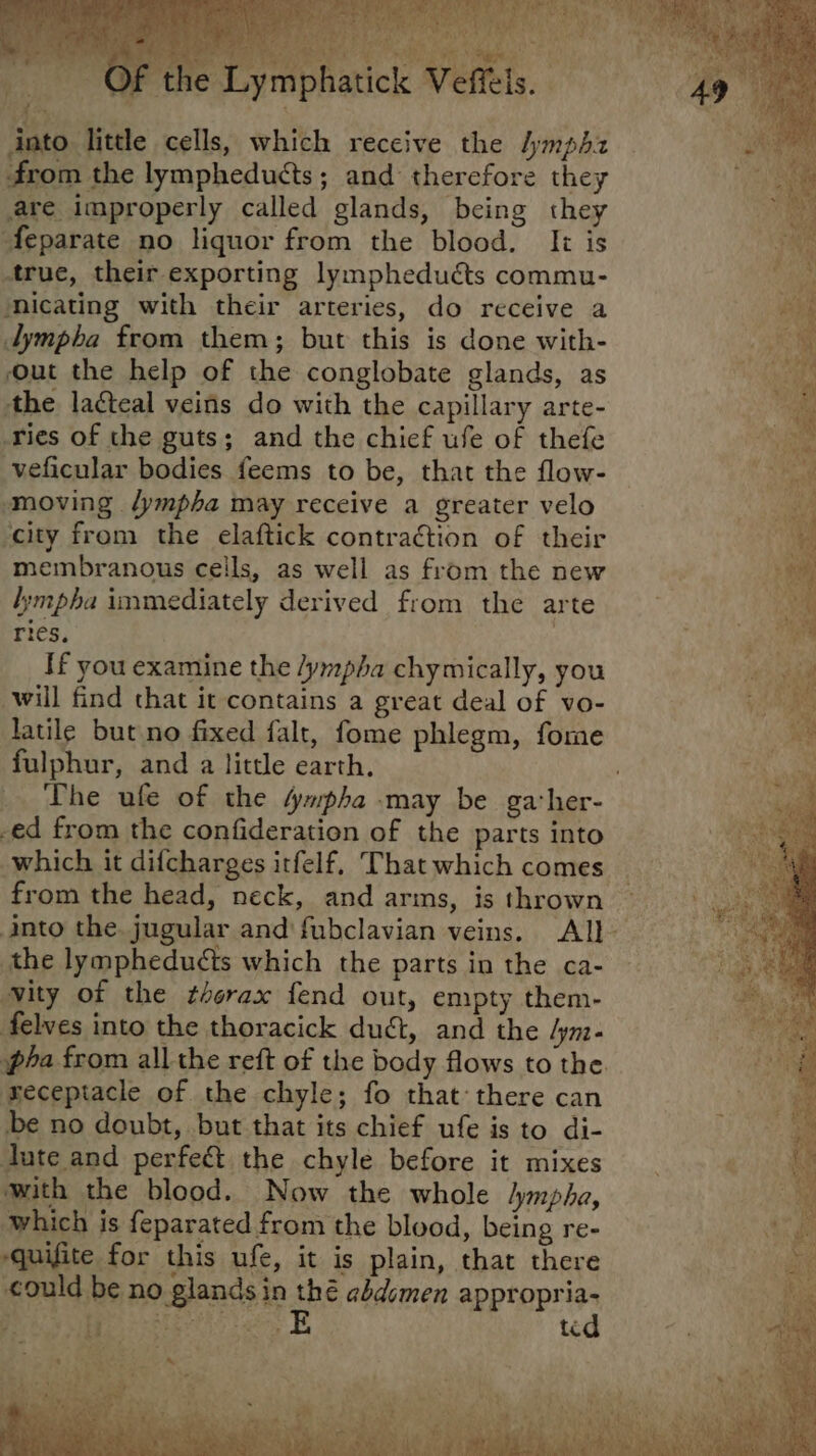 true, their exporting lymphedudts commu- nicating with their arteries, do receive a dympba from them; but this is done with- out the help of the conglobate glands, as the lacteal veins do with the capillary arte- ries of the guts; and the chief ufe of thefe -veficular bodies feems to be, that the flow- moving /ympba may receive a greater velo city from the elaftick contraétion of their membranous ceils, as well as from the new lmpha immediately derived from the arte ries, If you examine the /ympha chymically, you will find chat it contains a great deal of vo- latile but no fixed falt, fome phlegm, fome fulphur, and a little earth. -ed from the confideration of the parts into which it difcharges itfelf, That which comes from the head, neck, and arms, is thrown the lympheduéts which the parts in the ca- ity of the thorax fend out, empty them- felves into the thoracick duct, and the 4ym- receptacle of the chyle; fo that: there can be no doubt, but that its chief ufe is to di- Jute and perfect the chyle before it mixes with the blood. Now the whole hmpha, which is feparated from the blood, being re- -quifite for this ufe, it is plain, that there could be no glands in thé abdomen appropria- 5 coh EAS Daiase , tid 4 ps +