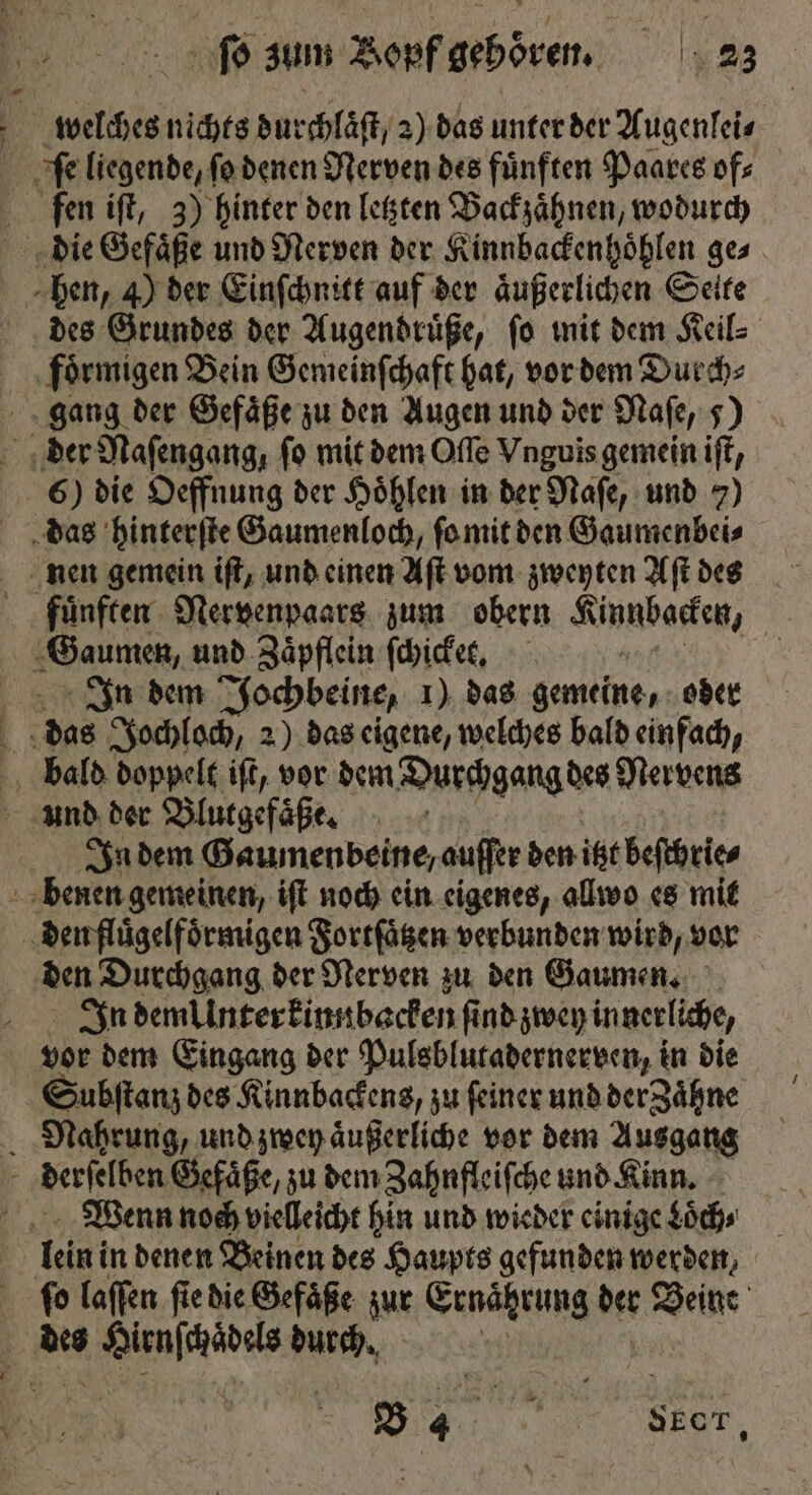 welches nichts durchlaͤſt, 2) das unter der Augenlei⸗ * — 6) die Oeffnung der Höhlen in der Maſe, und 7) In dem Jochbeine, 1) das gemeine, oder und der Blutgefaͤße. / In dem Gaumenbeine, auffer den itzt beſchrie⸗ den Durchgang der Nerven zu den Gaumen. In demllinterkinnbacken find zwey innerliche, vor dem Eingang der Pulsblutadernerven, in die Subſtanz des Kinnbackens, zu feiner und der ahne Nahrung, und zwey aͤußerliche vor dem Ausgang lein in denen Beinen des Haupts gefunden werden, fo laſſen ſie die Gefäße zur Saaten der Beine