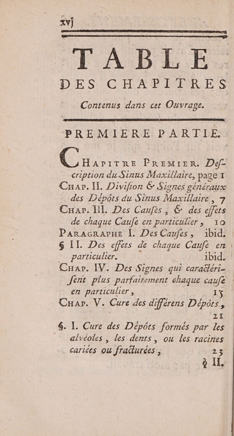 #- É 1 © xY) TABLE DES CHATIRES Contenus dans cet Ouvrage. PREMIERE PARTIE. Cire PREMIER De- cription du Sinus Maxillaire, page CHar. IL Divifion &amp; Signes généraux des Dépôts du Sinus Maxillaire “7 Car. IL Des Caufès, &amp; des effers de chaque Caufe en particulier, 10 $ IT. Des effets de chaque Caufe en _ particulier. ibid. Cnap. IV. Des Signes qui caraëléri- en particulier , 1% Car. V. Cure des différens Dépôts, 2I alvéoles , les dents, ou les racines cariées ou frailurées , 23 à IL,