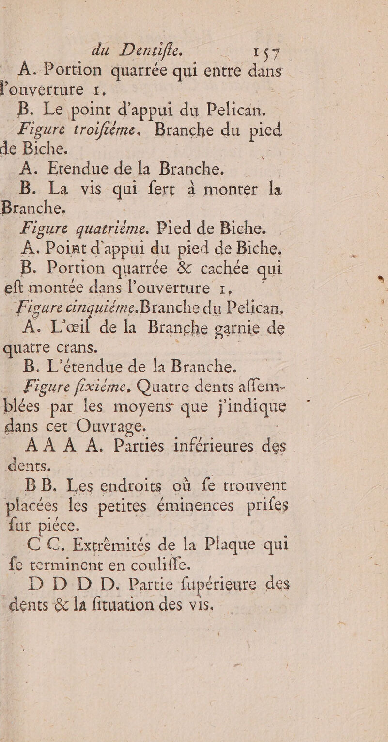 À. Portion quarrée qui entre Er l'ouverture 1. B. Le point d'appui du Pelican. Figure troifième. Branche du pis | de Biche. A. Etendue de la Branche. D La vis de fert à monter la Figure quatriéme. Pied de Biche. À. Point d'appui du pied de Biche, B. Portion quarrée &amp; cachée qui eft montée dans l'ouverture x, Figure cinquiéme.Branche du Pelican. bail de la Branche garnie de quatre crans. B. L'’étendue de la Branche. Figure fixième, Quatre dents afleim- blées par les moyens que joies dans cet Ouvrage. À À À À. Parties inférieures des dents. B B. Les endroits où fe trouvent placées les petites éminences prifes fur piéce. EC G. Extrèmités de la Plaque qui £e terminent en couliffe. D D D D. Partie fupérieure des dents &amp; la fituation des vis. \