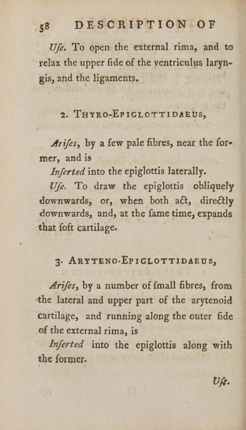 Ujfe. To open the external rima, and to_ ~ yelax the upper fide of the ventriculus lama gis, and the same | : 2. Tuyro-EPIGLOTTIDAEUS, Arifes, by a few pale fibres, near the fore mer, and is Inferted into the epiglottis laterally. Ufe. To draw the epiglottis obliquely downwards, or, when both a&, dire€tly downwards, and, at the fame time, expands that foft cartilage. 3. ARYTENO-EPIGLOTTIDAEUS, Arifes, by a number of {mall fibres, from ‘the lateral and upper part of the arytenoid : cartilage, and running along the outer fide of the external rima, is Inferted into the epiglottis along with the former. Uf.