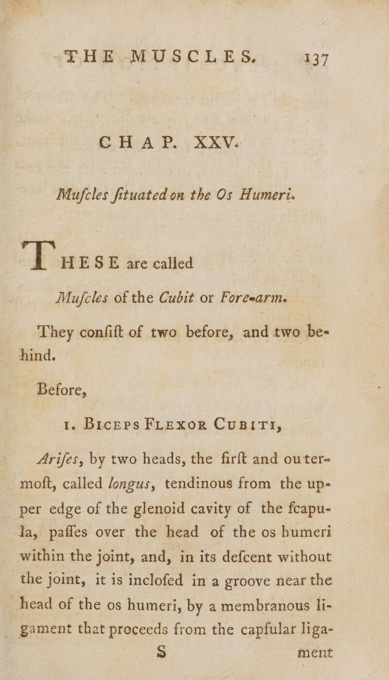 CHAP. XXV. Mufcles fituated on the Os Humeri. | HESE are called Mufcles of the Cubit or Foréearm. _ They confift of two before, and two be- hind. Before, 1. Biceps FLExor CuBtrTy, Arifes, by two heads, the firft and outer- _ moft, called /ongus, tendinous from the up- per edge of the glenoid cavity of the feapu- la, pafles over the head of the os bumeri within the joint, and, in its defcent without the joint, it is inclofed ina groove near the head of the os humeri, by a membranous li- _ gament that proceeds from the capfular liga- Ps ment