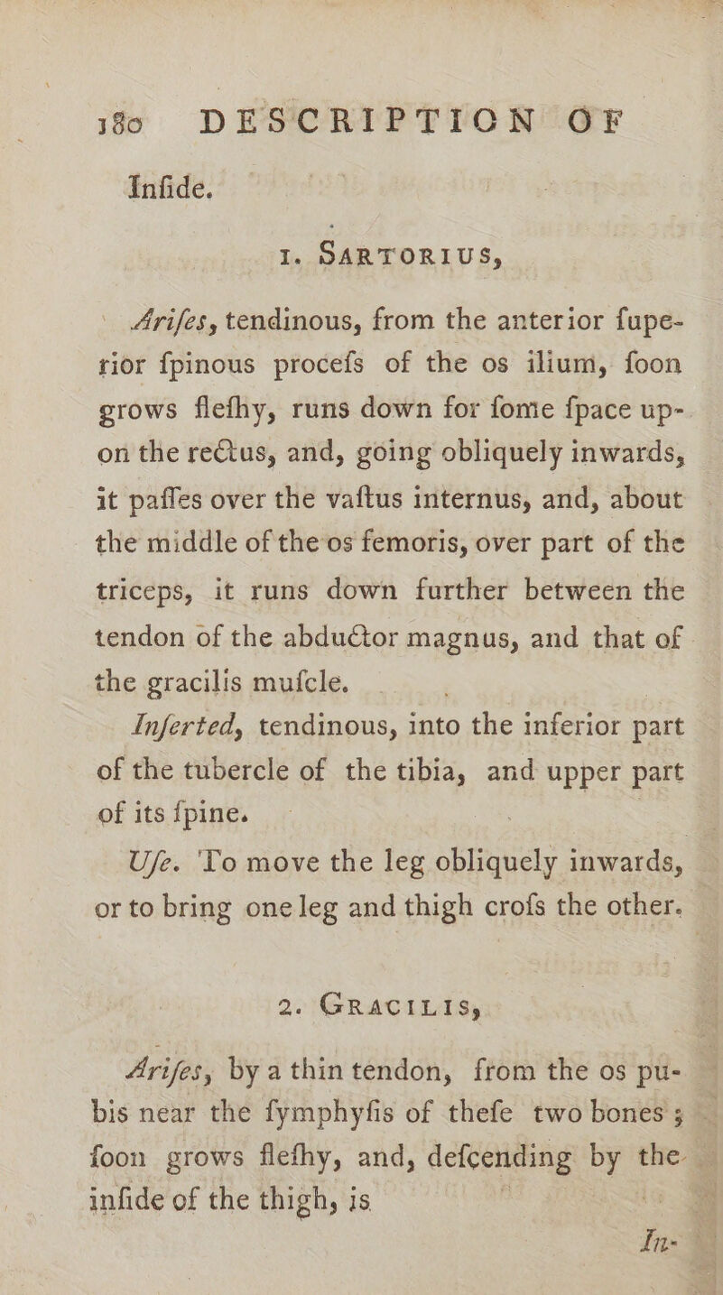 Infide. tis Sartorius, Arifes, tendinous, from the anterior fupe- rior fpinous procefs of the os ilium, foon grows flefhy, runs down for fomie {pace up- on the reClus, and, going obliquely inwards, it paffes over the vaftus internus, and, about the middle of the os femoris, over part of the triceps, it runs down further between the tendon of the abduétor magnus, and that of the gracilis mufcle. Inferted, tendinous, into the inferior part of the tubercle of the tibia, and upper part of its {pine. | U/e. ‘To move the leg obliquely inwards, or to bring one leg and thigh crofs the other. 2. GRACILIS, Arifes, byathintendon, from the os pu- bis near the fymphyfis of thefe two bones 5 — foon grows flefhy, and, defcending nite the 3 infide of the thigh, is Ei tn-