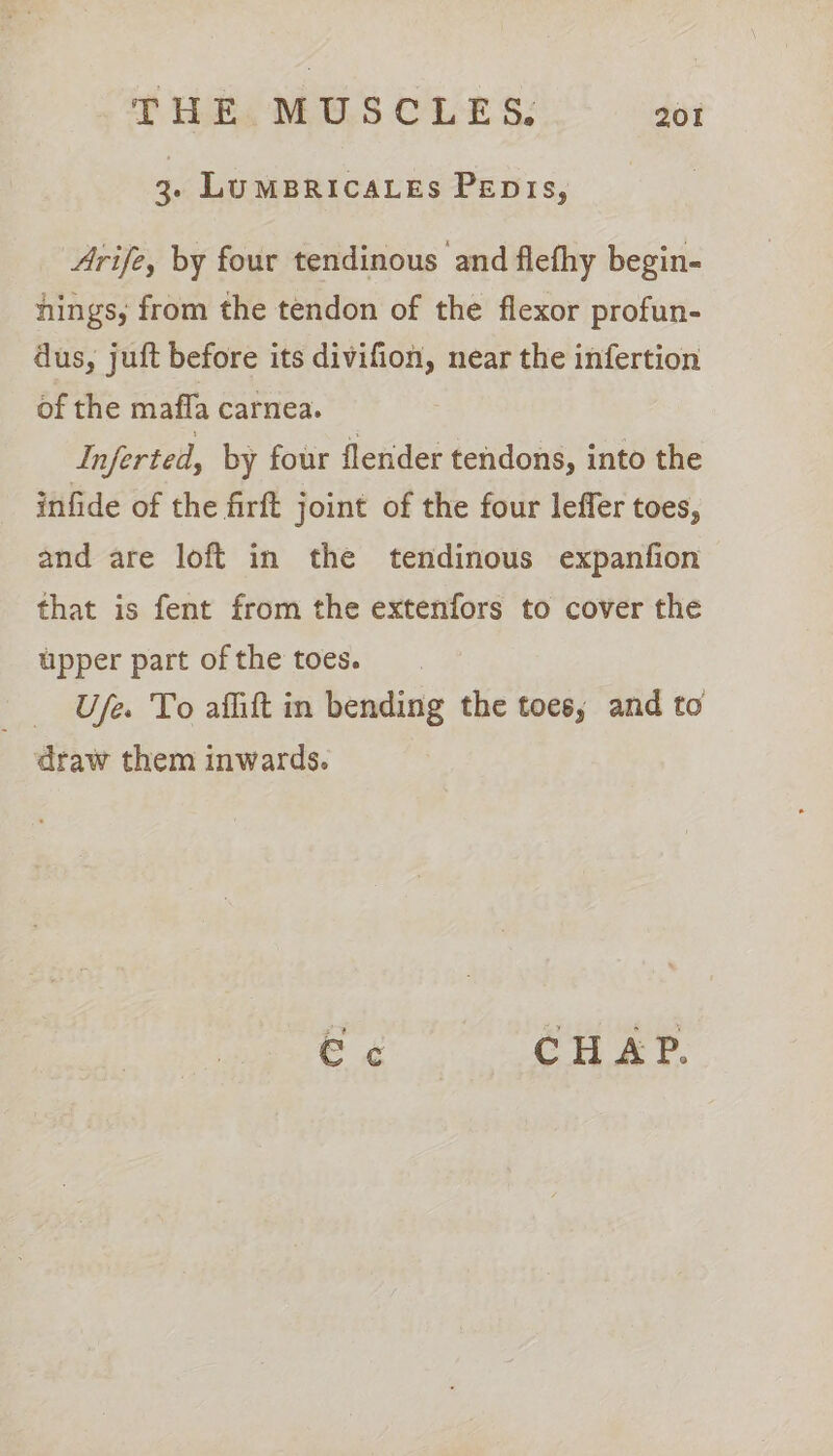 3. LuMBRICALEs Pepts, Arife, by four tendinous and flefhy begin- nings, from the tendon of the flexor profun- dus, juft before its divifion, near the infertion of the mafla carnea. Inferted, by four flerider tendons, into the infide of the firft joint of the four leffer toes, and are loft in the tendinous expanfion that is fent from the extenfors to cover the upper part of the toes. Ufe. To affift in bending the toes, and to draw them inwards. Ec CHAP.