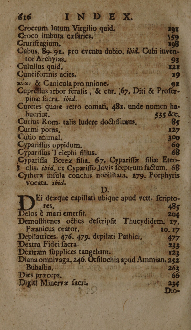 416 OGNDEX /;€roceum lutum Virgilio quid. - TON 91 Croco imbuta cafarics, uper CR ^ 559 Crurifragium. ^— er. kr - X98 Cubus, 89. 92. pro venta ; diio iid 'Culi i invén- -orArchyis, «0007 LOREM Culullus quid, - E cus : P i MoLED Ti Cunciformis. ades oV s ^P TORVT IS d Xv dcn prounioné 5 lest s arbor di ak - cr, ent Diti &amp; Prefer aeciat. gin d Uu Curius Rom: talis ludere do&amp;iffmus, NU T Curmi potus, -- E. €utio animal. TM. Cypariffus oppidum, s T E. óc . Oypariffüs Tclephi filius. — SCypariffa Borez filia, 67. .Cypariffie flld fuco- y elis. ibid, [9 4 Cypariffo Jovis fceptrum gest .68 dnt infüla conchis nobilitata, 279. Porphyris , vocata. 3bid. M Mi de mes ^ Ei dezque eapillat vbique apud vett. t. feripto- tes, | 4 af qu. | 48$ clos € mari emerfit. | Demofthenes. o&amp;ics deripi t Thucydideim, 7 *Peanicus orator, on 9.17 Depilatrices. 476. 479. depili Pthici pi Dextra Fideifacra. — TERSN JDextram füpplices tangebant. ^^ 5323 Dianaomnivaga. Mt Tfilochia Tm Ammian. 252 : Bubaftia, (6 tid | 263 | Dis preceps. . Jo. Mab DRUMS. Qe Minervz M K e tl d | Dio-