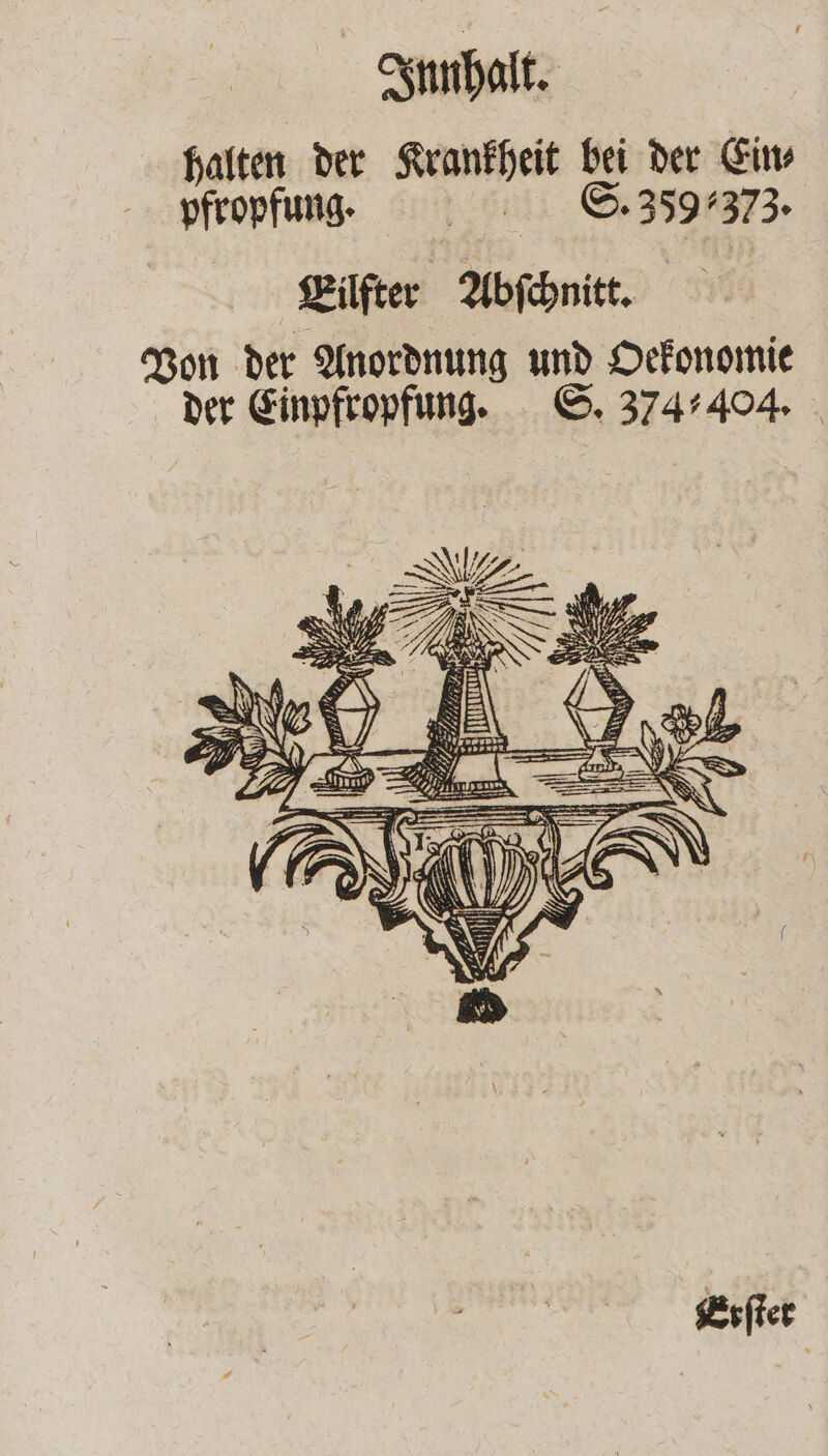 halten der Krankheit bei der Ein⸗ pfropfunn. S. 359/373. Eilfter Abſchnitt. Von der Anordnung und Oekonomie der Einpfropfung. S. 374404. Erſter