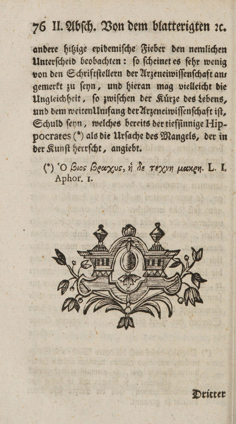 andere hitzige epidemiſche Fieber den nemlichen Unterſcheid beobachten: ſo ſcheinet es ſehr wenig von den Schriftſtellern der Arzeneiwiſſenſchaft an gemerkt zu ſeyn, und hieran mag vielleicht die Ungleichheit, fo zwiſchen der Kuͤrze des Lebens, und dem weiten Umfang der Arzeneiwiſſenſchaft iſt, Schuld ſeyn, welches bereits der tiefſinnige Hip- pocrates () als die Urſache des Mangels, der in der Kunſt herrſcht, angiebt. | | (*) ‘O Bios Heu, % N de TEexvn peaxen. L. I. Aphor. I. Dritter