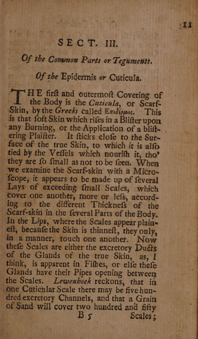 = Pe SRO ToT | i Of the Common Parts or Tegtimacti. Of zhe Epidermis or Cuticula. | Set papain lied Skin, bythe Greeks called ExdNpuus. This 4s that foft Skin which rifes in a Blifter upon ering Plaifter. It fticks elofe to the Sur- face of the true Skin, to which it is alfo tied by the Veffels which nourith it, tho? _ they are fo fimall asnot to be fen. When we examine the Scarf-skin with a Mic¢ro- Leope; it appears to be made up of feveral Lays of exceeding fmall Scales, which Cover one another, more or le{s, accord- ing to the different Thicknefs of the _ Scarf-skin in the feveral Parts of the Body. In the Lips, where the Scales appear plain= eft, becaufe the Skin is thinneit, they only, in a manner, touch one another. Now _ thefe Scales are either the excretory Duéts ‘of the Glands of the true Skin, as, I think, is apparent in Fifhes, or elfe thefe Glands have their Pipes opening between the Scales. Lewexboek reckons, that in _ One Cuticnlar Scale there may be five hun- dred excretory Channels, and that a Grain of Sand will cover two hundred and fifty 5 Scales ; 3