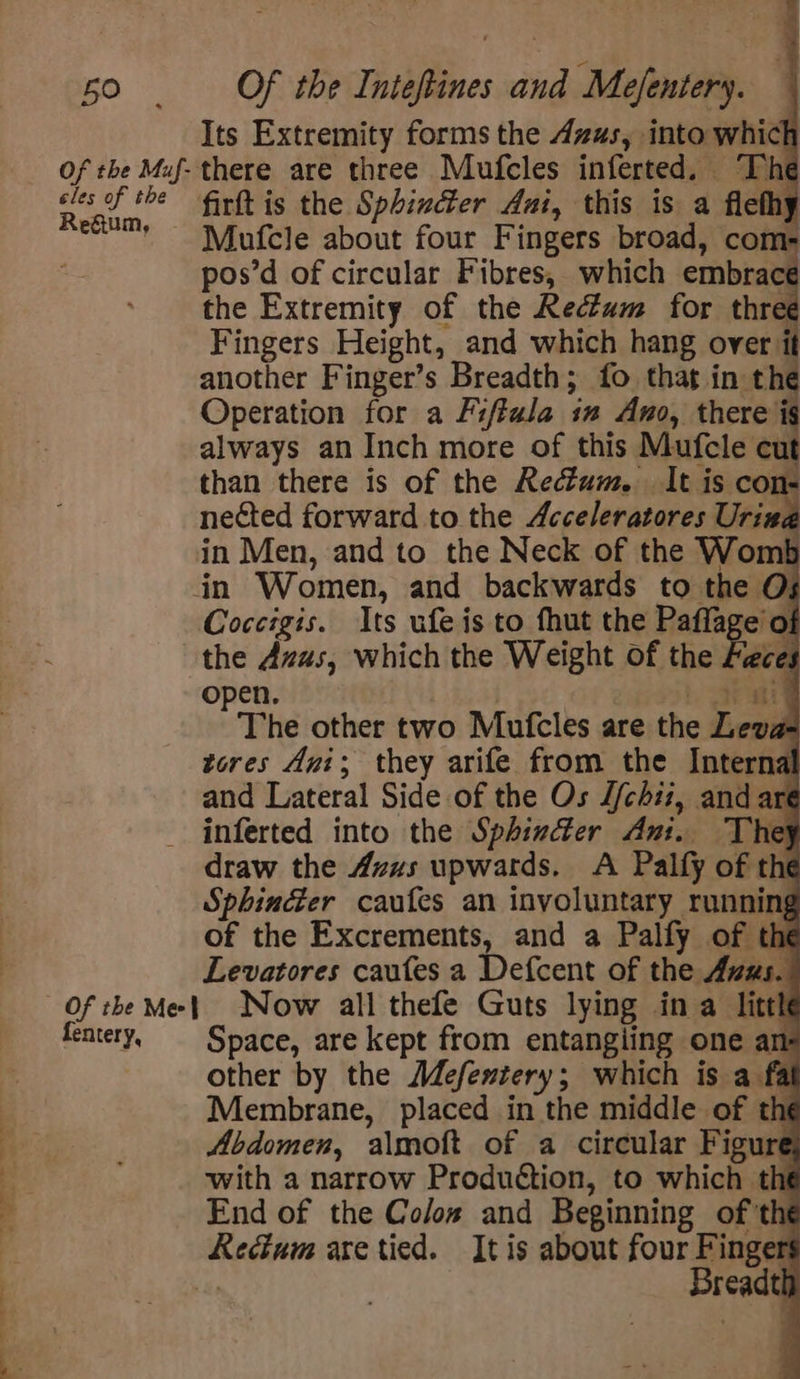a a eles of the ReGum, fentery, Its Extremity forms the A4zas, into whic firft is the Sphincter Ani, this is a flethy Mufcle about four Fingers broad, com- pos’d of circular Fibres, which embrace the Extremity of the Rectum for three Fingers Height, and which hang over i another Finger’s Breadth; fo that in the Operation for a Fiffala 1m Amo, there ig always an Inch more of this Mufcle cut than there is of the Rectum. It is vine nected forward to the Acceleratores Urina in Men, and to the Neck of the Wom in Women, and backwards to the Os Coccigis. Its ufeis to fhut the Paffage’o the Azus, which the Weight of the Feces open. . 1 aig The other two Mufcles are the Leva= tores Avi; they arife from the Internal and Lateral Side of the Os J/chii, and aré draw the Avuzs upwards. A Palfy of the Sphinéer caufes an involuntary running of the Excrements, and a Palfy of the Levatores caufes a Defcent of the Aus. Now all thefe Guts lying in a litth Space, are kept from entangiing one an other by the Mefemtery; which is a fai Membrane, placed in the middle of thi Abdomen, almoft of a circular Figure with a narrow Produétion, to which tht End of the Colox and Beginning of th Breadth