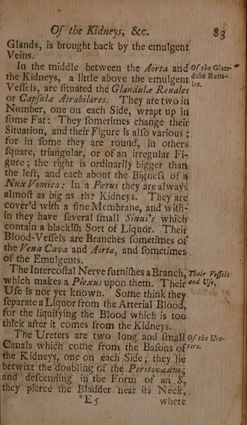 ? OF the Kidneys, 8c. 83 Glands, is brought back by the emulgent. Wenig 2 2-h° (Ct , aa : _ In the middle between the /orta and of the Glan= © the Kidneys, a little above the emulgent aig) Veffels, are fituated thé Glavdule Reuales or Capfale Atrabilares. They atetwoin Number, one on each Side, Wrapt up in. fome Fat: They fometimes change their Situation, and their Figure is alfo various 3. for in fome they are round, in others. fquare, triangular, or of an irregular Fi- Sure; the right is ordinarily bigger than, the left, and each about the BignefS of a, NuxVomica: Ina Ferus they are always almoft as big as the Kidneys. ‘They are ‘cover’d with a fine Membrane, and with- in they have feveral {mall Siaus’s which. contain a blackith Sort of Liquor. Their Blood-Veffels are Branches fometimes of the Vena Cava and Aorta, and fometimes... Of the Emulgents. wer Le, ¥ The Intercoftal Nerve furnithes aBranch, Their Pefeis. | which makes a Plexus upon them. Their gud Us, Ufe is nor yet known. Some think prog. “See WR oo ® feparate a Liquor from the Arterial Blood, “hil for the liquitying the Blood which is too. _ thick after it comes from the Kidneys... i _, Phe Ureters are two long and fimall ofthe tree | Canals which cothe from the Bafons of?” the Kidneys, one on each Side; they lie Betwixt the doubling cf the Peritonedms and defcending iti the Form of an_S, they pierced ‘the’ Bladder. ‘near its Neck, . a ; “Es. where.” /