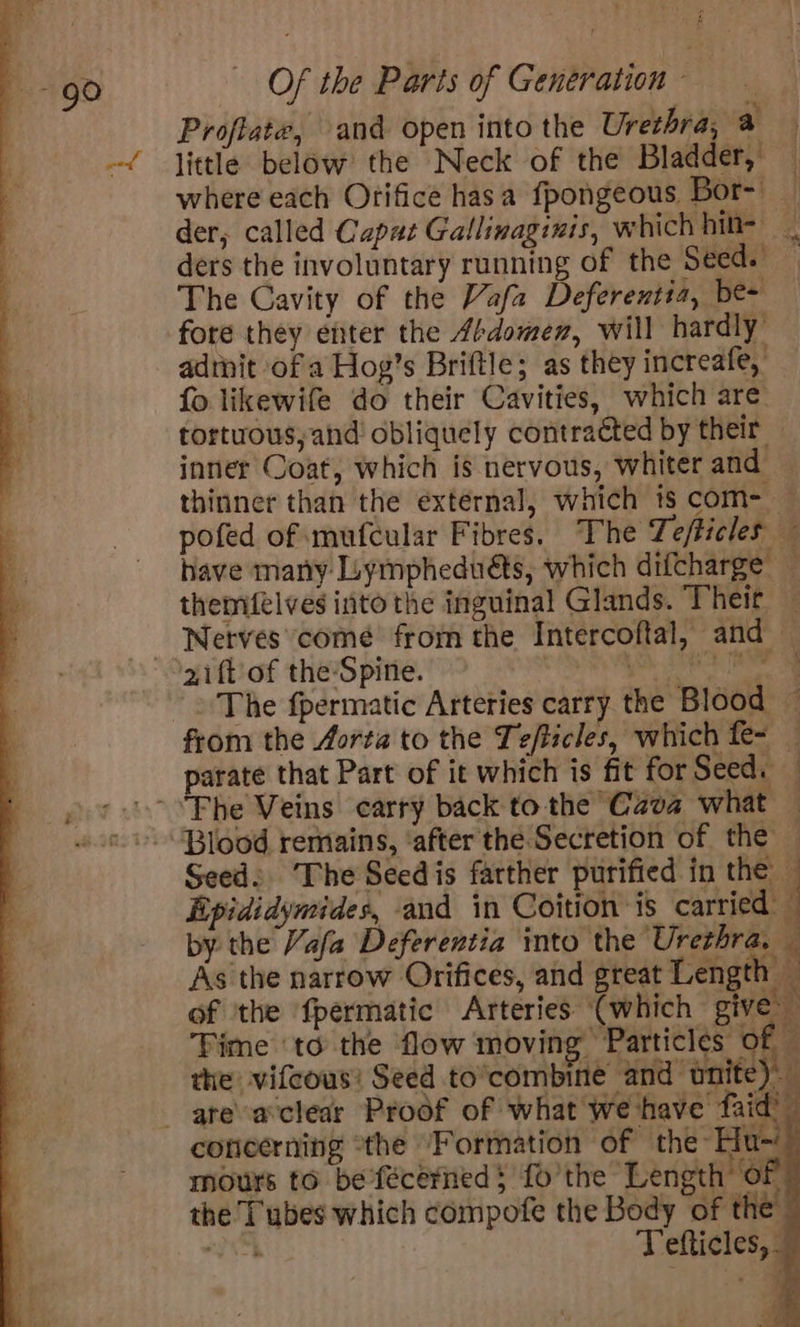 Proftate, and open into the Ureebra, a’ little below the Neck of the Bladder,’ where each Orifice hasa fpongeous Bor- — der, called Capat Gallinaginis, which hit- _ ders the involuntary running of the Seed. — The Cavity of the Vafa Deferentia, be- fore they enter the 4édomen, will hardly admit of a Hog’s Briftle; as they increafe, fo likewife do their Cavities, which are tortuous, and obliquely contracted by their — inner Coat, which is nervous, whiter and thinner than the external, which is com-_ pofed of mufcular Fibres. The Tefticles — have many Lympheduéts, which difcharge themfelves into the inguinal Glands. Their — Nerves comé from the Intercoftal, and — 2ift of the Spine. ee aaealotvele, The fpermatic Arteries carry the Blood — \ Rpididymides, and in Coition is carried by the Vafa Deferentia mto the Urethra, — As the narrow Orifices, and great Length — of ‘the fpermatic Arteries ‘(which give Fime ‘to the flow moving Particles © a the vifcous! Seed to*combine and t nite). concerning “the “Formation of the Hu~! mours to be fécerned$ fo the ‘Length of the Tubes which compofe the Body of the: HINTh Tefticles,