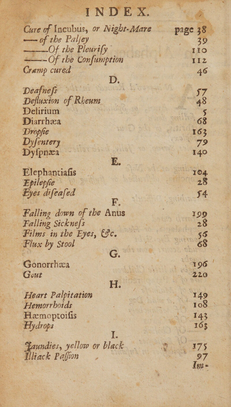 ea RAL 372) Sate iki) oe oe St aL) a vai Oe Etiekor Ak TA 4) ah” ig hacer ee ee e — yr L) M i Ie ee ‘4  » - - al x co Dan ci ie Cure Z Incubus, or ae : ae 2 Bi the Paley us ————Of rhe Pleurify ee a2 Of the Confuniption ; a cured Deajnefs its poo i of Bice si x Delirium — | Goat Diarrhea | 68 Dropfie - 163 . Dyfentery — S79 - Dyfpnxa ~ : +s HAO Elephantiafis | ae 104. bs Glee Pe ae Eyes difeafed = «I4 Falling down of rhe Anus 199 Falling Sicknefs a ae _ Films in the Eyes, s,s : 55 | Plax by Stool 68 “eibnareheca | eros | Gout . fT a PN 2 Ls Dili ae Heart Palpitation | “149. Hemorrhoids Se Geers Hemoptoifis | ap er : yee ee -— Laundies, yellow or black. Bo a7 5 . Whack Pafion i Bah ms
