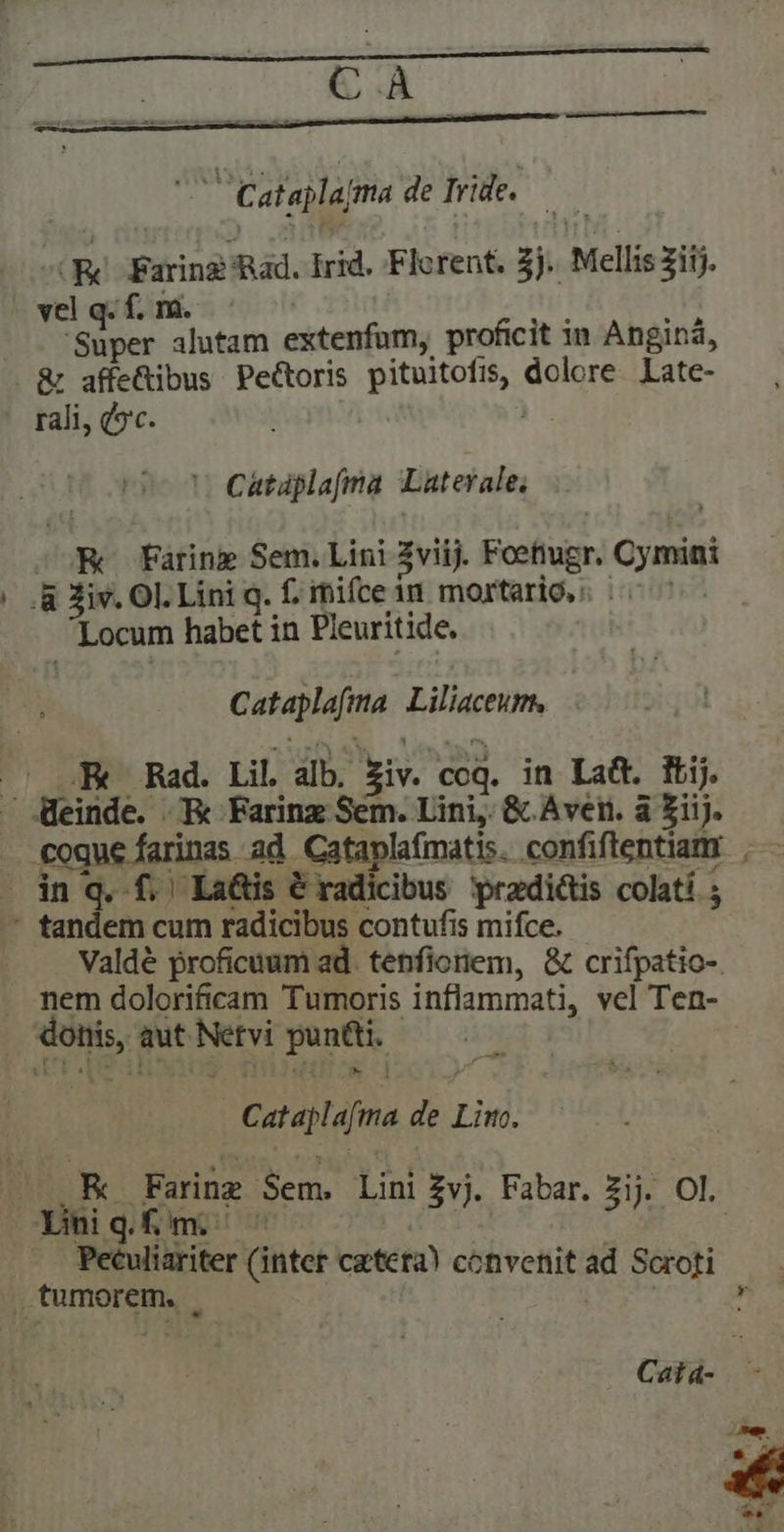 - ^R -Faring Rad. Irid. Flerent. 5j. Mellis3iij. Super alutam extenfum, proficit in Anginá, &amp; affe&amp;ibus Pe&amp;toris pituitofis, dolore. Late- rali, (9c. ' Cátaplafma Laterale, K Faring Sem. Lini Zviij. Foettugr. Cymini Locum habet in Pleuritide. Cataplafma | Liliaceum, -Ec Rad. Lil alb. Ziv. coq. in Lad. iij. coque farinas ad Cataplafmatis. confiftentiam in q. f. La&amp;is &amp; radicibus pradicis colati ; Valdé proficaum ad. tenfioriem, &amp; crifpatio-. nem dolorificam Tumoris inflammati, vel Ten- - Cataplafma de Lio. K Faring Sem. Lini vj. Fabar. Zij. Ol. Peculiariter (inter catera) convenit ad Scrofi tumorem. . 4 Cat4- p