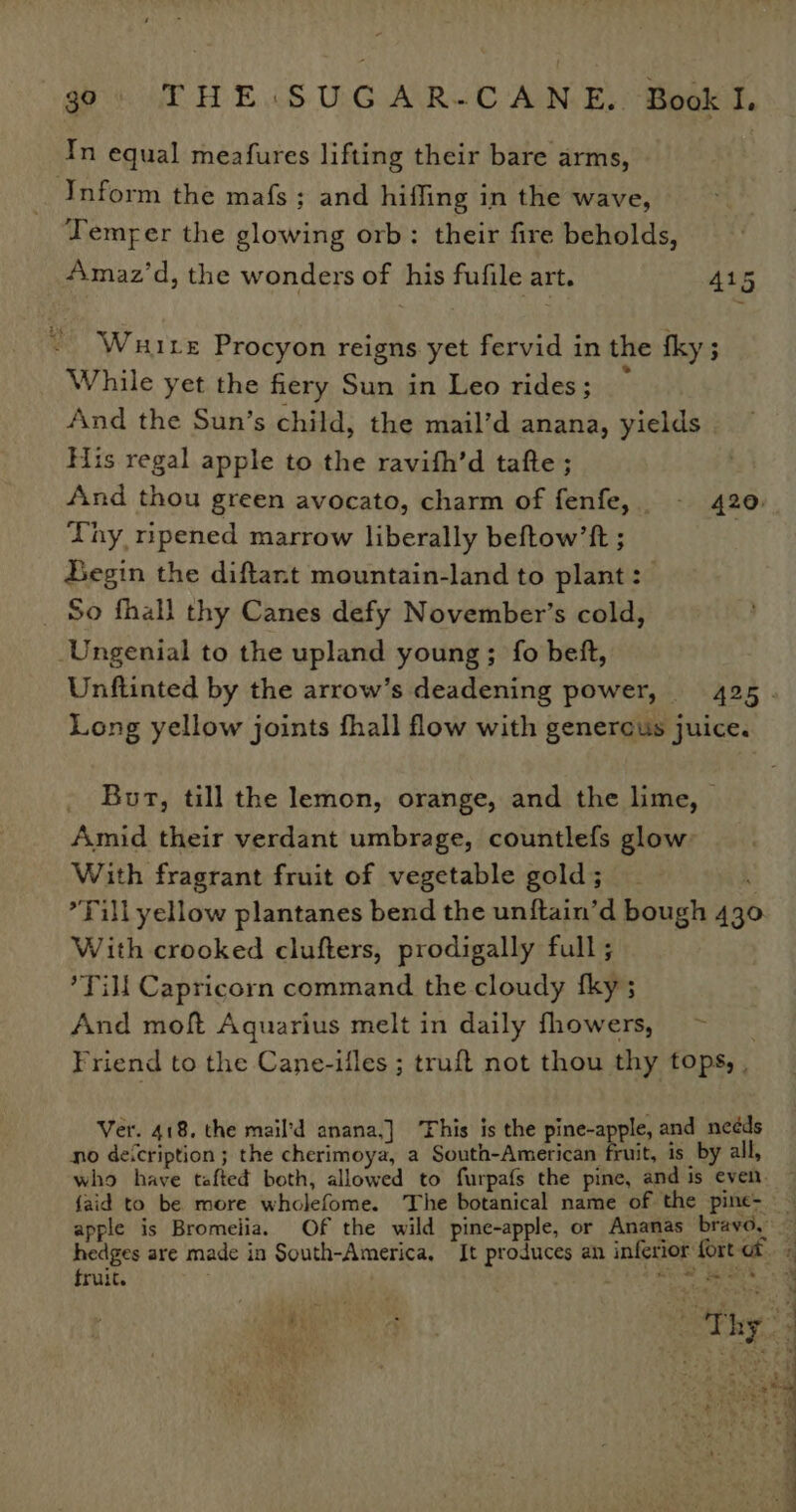 ‘Tn equal meafures lifting their bare arms, Inform the mafs; and hiffing in the wave, Temper the glowing orb: their fire beholds, Amaz’d, the wonders of his fufile art. 415 Wuuite Procyon reigns yet fervid in the fky; While yet the fiery Sun in Leo rides; : And the Sun’s child, the mail’d anana, yields His regal apple to the ravith’d tafte ; And thou green avocato, charm of fenfe,_ - 420. Thy ripened marrow liberally beftow’ft ; ; Begin the diftant mountain-land to plant: _ So fhall thy Canes defy November’s cold, _Ungenial to the upland young ; fo beft, Long yellow joints fhall flow with genercus juice. Bur, till the lemon, orange, and the lime, Amid their verdant umbrage, countlefs glow With fragrant fruit of vegetable gold; _ Till yellow plantanes bend the unftain’d bough 430 With crooked clufters, prodigally full; Till Capricorn command the cloudy fky; And moft Aquarius melt in daily fhowers, ~ | Friend to the Cane-ifles ; truft not thou thy tops, , Ver. 418, the mail’d anana,] ‘Fhis is the pine-apple, and neéds no deicription ; the cherimoya, a South-American fruit, is_by all, who have tafted both, allowed to furpafs the pine, and is even. {aid to be more wholefome. The botanical name of the pine- fruit. es