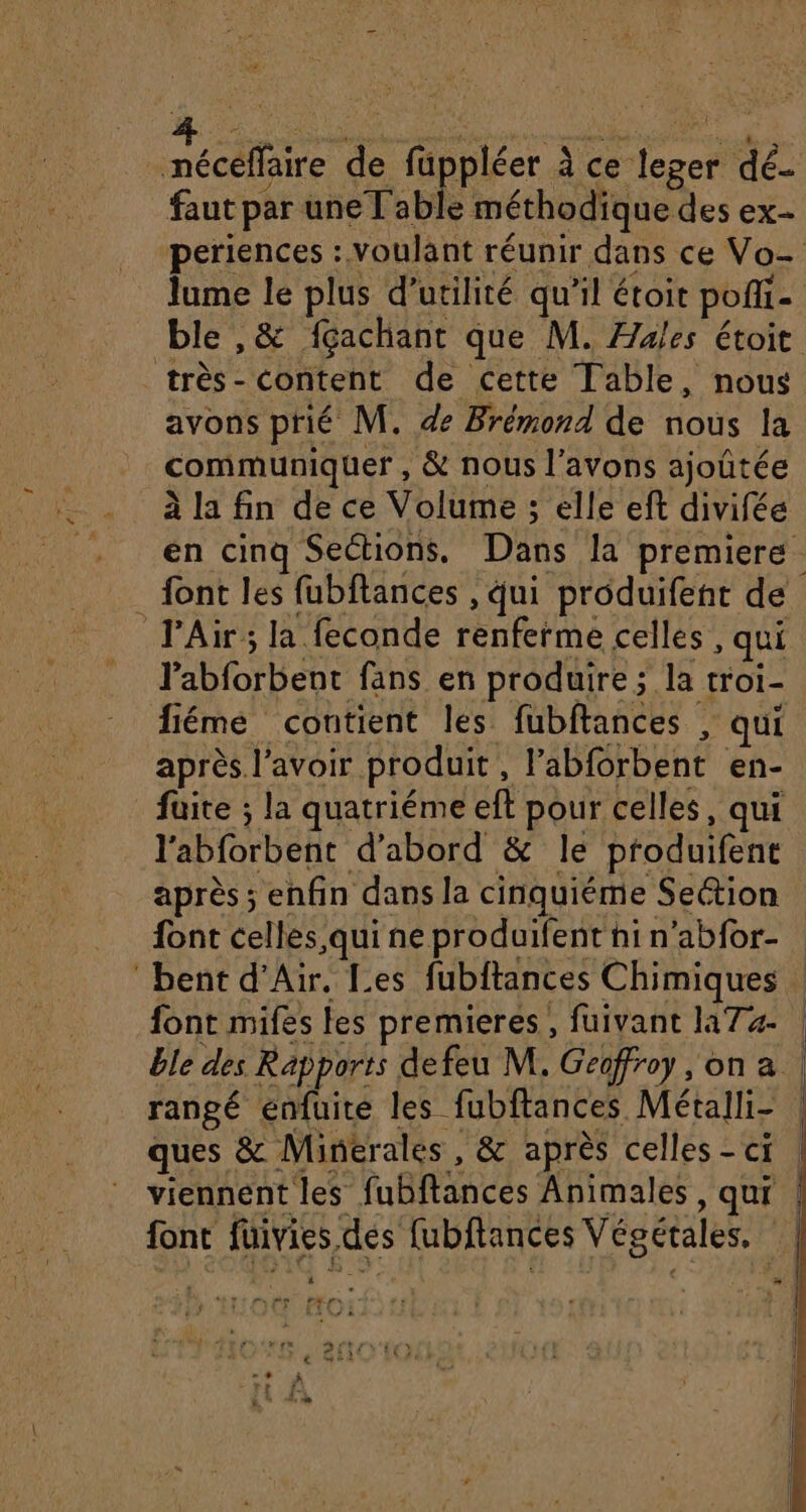 move Le ppée à ce- _. dé faut par uneT'ab e méthodique des ex- periences : voulant réunir dans ce Vo Jume le plus d'utilité qu'il étoit pole ble ,&amp; fçachant que M. Æales étoit très-content de cette Table, nous avons prié M. de Brémond de nous la communiquer, &amp; nous l’avons ajoûtée À la fin de ce Volume ; elle eft divifée en cinq Sections. Dans la premiere. _ font les fubftances , qui produifent de l'Air; la feconde renfetmé celles , qui labforbent fans en produire; la troi- fiéme contient les fubftances , qui après lavoir. produit , labforbent en- faite ; la quatriéme eft pour celles, qui l'abforbent d’abord &amp; le produifent après ; enfin dans la cinquiéme Section font celles qui ne produifent hi n'abfor- bent d'Air. Les fubitances Chimiques | font mifes les premieres, fuivant la74- | ble des Rapports defeu M. Geoffroy , on à | rangé enfuite les fubftances Métalli- | ques &amp; Minerales , &amp; après celles - ci | viennent les fuBltancés Animales, qui font faivies, des fubftances Végétales. j