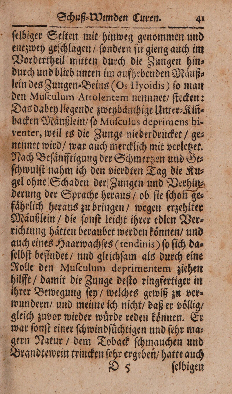 ſelbiger Seiten mit hinweg genommen und eutzwey geſchlagen / ſondern fir gieng auch im Vordertheil mitten durch die Zungen hin⸗ durch und blieb unten im aufhebenden Maͤuß⸗ lein des Zungen⸗Beins (Os Hyoidis) fo man Das dabey liegende zweybaͤuchige Unter⸗Kin⸗ backen Maͤußlein / fo Mufculus deprimens bi- nennet wird / war auch mercklich mit verletzet. Nach Beſaͤnfftigung der Schmerzen und Ge⸗ ſchwulſt nahm ich den vierdten Tag die Ku⸗ gel ohne Schaden der Zungen und Verhin⸗ derung der Sprache heraus / ob fie ſchon ze⸗ faͤhrlich heraus zu bringen / wegen erzehlter Maͤußlein / die ſonſt leicht ihrer edlen Ver⸗ richtung haͤtten beraubet werden koͤnnen / und auch eines Haarwachſes (tendinis) ſo ſich da⸗ ſelbſt befindet / und gleichſam als durch eine Jolle den Muſculum deprimentem ziehen hilfft / damit die Zunge deſto ringfertiger in ihrer Bewegung ſey / welches gewiß zu ver⸗ wundern / und meinte ich nicht / daß er voͤllig / gleich zuvor wieder wuͤrde reden koͤnnen. Er war ſonſt einer ſchwindſüͤchtigen und ſehr ma⸗ gern Natur / dem Toback ſchmauchen und Brandtewein trincken ſehr ergeben / hatte auch * 2 8 ſelbigen