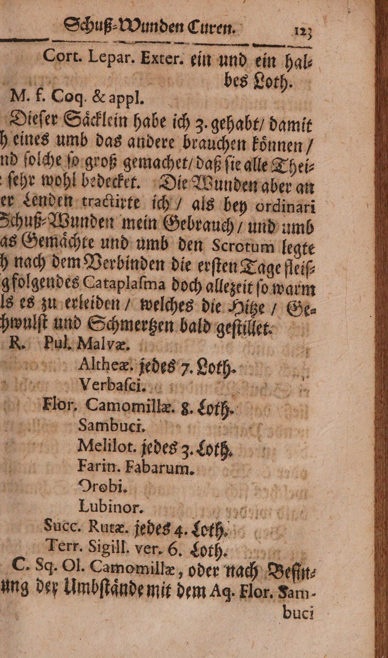 A 5 x 1 Cort. Lepar. Exter. ein und ein hal⸗ = r bes Loth. M. f. Coq. &amp; appll. 5 | Dieſer Saͤcklein habe ich 5 gehabt / damit h eines umb das andere brauchen koͤnnen / * nd ſolche ſo groß gemachet / daß ſie alle Thei⸗ ſehr wohl bedecket. Die Wunden aber ar er Lenden tractirte ich / als bey ordinari Schuß Wunden mein Gebrauch / und umb as Gemaͤchte und umb den Scrotum legte h nach dem Verbinden die er ſten Tage fleiſ⸗ gfolgendes Cataplaſma doch allezeit ſo warm ls es zu erleiden / welches die Hitze / Ge⸗ hwulſt und Schmertzen bald geſtille⸗ 1 R. Pul. Malvæ. „„ ne A Altheæ. jedes 5. Loth. 2 Ag: 3.7 Camomillæ. 8. Einen Farin. Fabarum. Orobi.. fs 3 Lubinor. d Succ. Rutæ. jedes 4. Loth. err. Sigill. ver. 6. Loth. 127%. ik C. Sg. Ol. Camomille , oder nach Beſſn⸗ ung der Umbſtaͤnde mit dem Ag. Hor. Sam. buci
