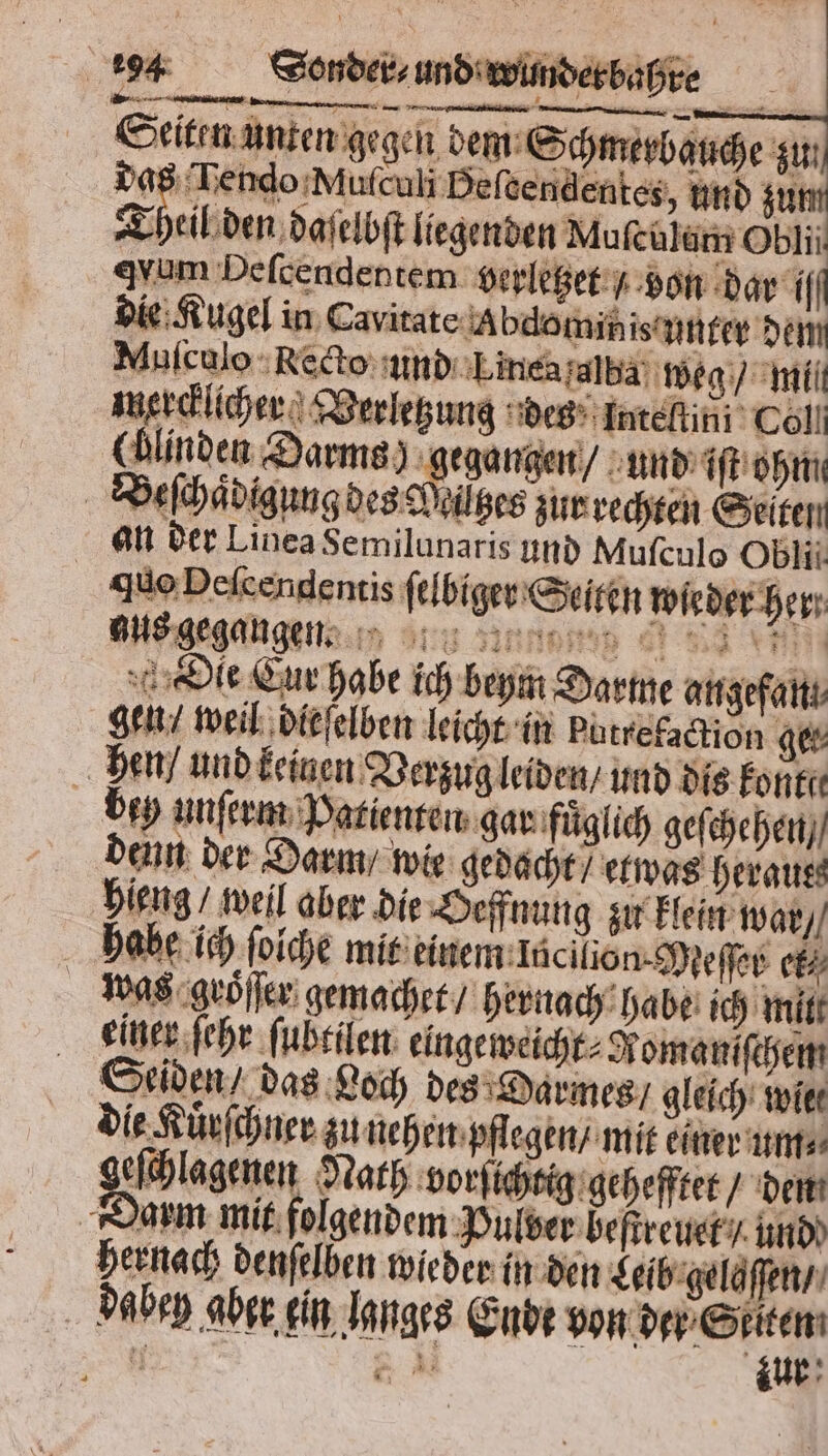 Seiten unten gegen dem Schmerbauche zu; das Tendo Muſculi Beſcendentes, und zu T eil den daſelbſt liegenden Mulcalem Oblii um Deſcendentem verletze / von dar if die Kugel in Cavitate A bdoministunter dem Muſculo Recto und Linea alba weg / mil mercklicher Verletzung des Inteltinf Coll (blinden Darms) gegangen / Und iſt ohm Veſchaͤdigung des iltzes zur rechten Seiten an der Linea Semilunaris und Muſculo Obi quo Peſcendentis ſelbiger Seiten wieder her gus gegangen “rl Die Cur habe ich beym Darine angefan gen / weil dieſelben leicht in Putrefaction get hen / und keinen Verzug leiden / und dis konte bey unſerm Patienten gar fuͤglich geſchehen / denn der Darm / wie gedacht / etwas heraus hieng / weil aber die Beffnung zu klein war / habe ich ſoiche mit einem Incilion.Meſſer el⸗ was groͤſſer gemachet / hernach habe ich mitt einer ſehr ſubtilen eingeweicht⸗ Romanifhem Seiden / das Loch des Darmes gleich wie die Kuͤrſchner zu nehen pflegen / mit einer um⸗ gelegenen Nath vorſichtig gehefftet / den. Darm mit folgendem Pulder beſtreuet) und hernach denſelben wieder in den Leib gelaſſen / Dabey aber ein langes Ende von der Seiten