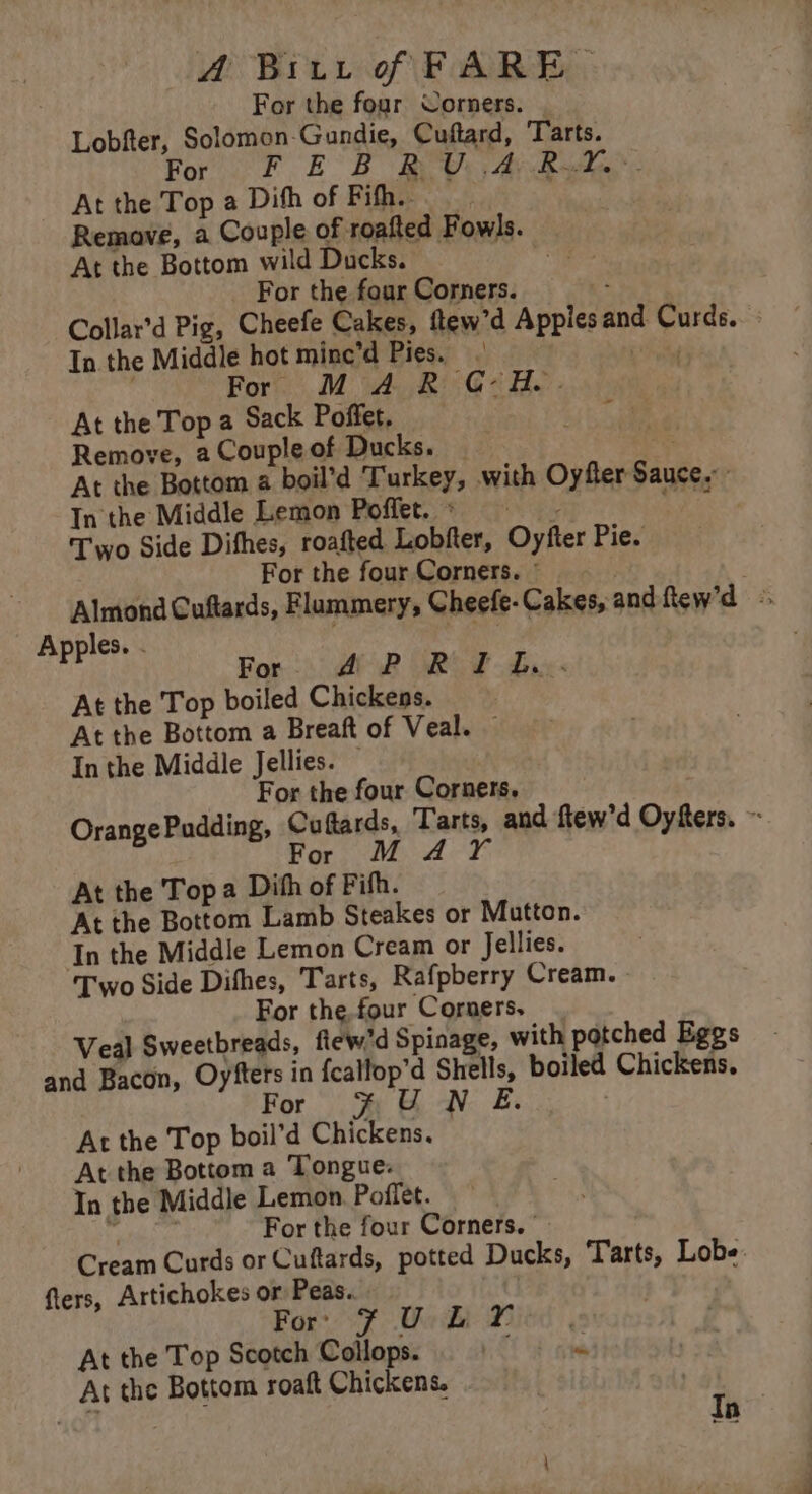 For the four Corners. Lobfter, Solomon-Gundie, Cuftard, Tarts. hove ke ER Bey a eue At the Top a Dith of Fifh. Remove, a Couple of roafted Fowls. - At the Bottom wild Ducks. a For the four Corners. - Collar’d Pig, Cheefe Cakes, ftew’d Apples and Curds.. In the Middle hot minc’d Pies. . / For M AR G-H.. At the Top a Sack Poffet. Remove, a Couple of Ducks. | ‘ At the Bottom a boil’d Turkey, with Oyfter Sauce,” In the Middle Lemon Poffet.* Ee Two Side Difhes, roafted Lobfter, Oyfter Pie. For the four Corners. © Almond Cuftards, Flummerys Cheefe- Cakes, and ftew'd °. Apples. . For APRIL. At the Top boiled Chickens. At the Bottom a Breaft of Veal. — In the Middle Jellies. For the four Corners. OrangePudding, Cuftards, Tarts, and ftew’d Oyfters. ~ For M a At the Top a Dihh of Fifh. At the Bottom Lamb Steakes or Matton. In the Middle Lemon Cream or Jellies. Two Side Difhes, Tarts, Rafpberry Cream. For the.four Corners. Veal Sweetbreads, flew’d Spinage, with potched Eggs and Bacon, Oyfters in fcallop’d Shells, boiled Chickens. For FUN E. : At the Top boil’d Chickens. At the Bottom a Tongue: In the Middle Lemon. Poffet. eh PR ge For the four Corners. ° Cream Curds or Cuftards, potted Ducks, Tarts, Lobe: flers, Artichokes or Peas. Fo: FULLY At the Top Scotch Collops. | — 1“ At the Bottom roaft Chickens.