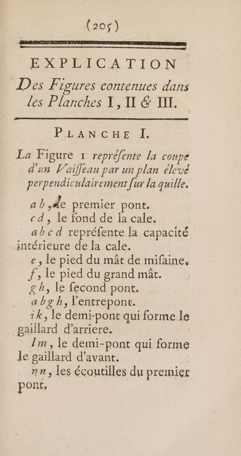 PLANCHE I La Figure 1 repréfente la coupe d'un Vaiffeau par un plan élevé perpendiculairement [ur la quille. a D 4e premier pont. cd, le fond de Îa cale. ab c d repréfente la capacité intérieure de la cale. e , le pied du mât de mifaine, f, le pied du grand mât. gh, le fecond pont. a bg b, l'entrepont. ik, le demi-pont qui forme le gaillard d’arriere. _ Îm, le demi-pont qui forme le gaillard d'avant. | nn, les écoutilles du premier pont, |