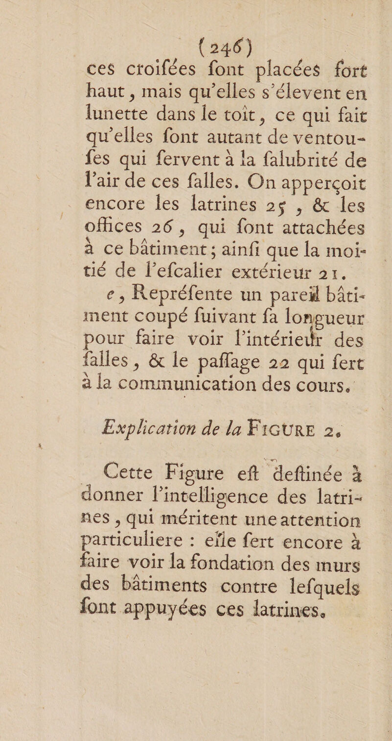 ces ctoifées font placées fort haut , mais qu’elles s’élevent en lunette dans le toît, ce qui fait qu'elles font autant de ventou- fes qui fervent à la falubrité de l'air de ces falles. On apperçoit encore les [atrines 25 , &amp; les offices 26, qui font attachées à ce bâtiment; ainfi que la moi- tié de l’efcalier extérieur 21. e , Repréfente un pareïl bâti- ment coupé fuivant fa longueur pour faire voir l'intériedr des falles , &amp; le paflage 22 qui fert à la communication des cours. Explication de la FIGURE 2, Cette Figure eft deftinée à donner l'intelligence des latri- nes , qui méritent uneattention particuliere : efle fert encore à faire voir la fondation des murs des bâtiments contre lefquels font appuyées ces latrines.