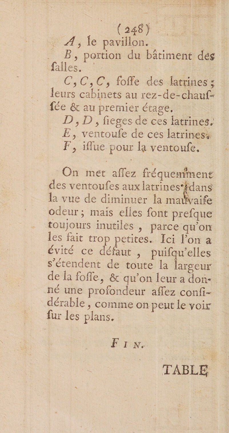 À , le pavillon. ..) ._ B, portion du bâtiment dés alles. | pe C,C,C, foffe des latrines ; leurs cabinets au rez-de-chauf- fée &amp; au premier étage, | D , D, fieges de ces latrines. E , ventoufe de ces latriness F, iffue pour la ventoufe. On met affez fréquemment des ventoufes aux latrines*kdans la vue de diminuer la maWvaife odeur; mais elles font prefque toujours inutiles , parce qu’on les fait trop petites. Ici l’on a évité ce défaut , puifqu’elles s'étendent de toute la largeur de la foffe, &amp; qu'on leur a don-. né une profondeur aflez confi- dérable , comme on peut le voir fur les plans. F rY, TABLE