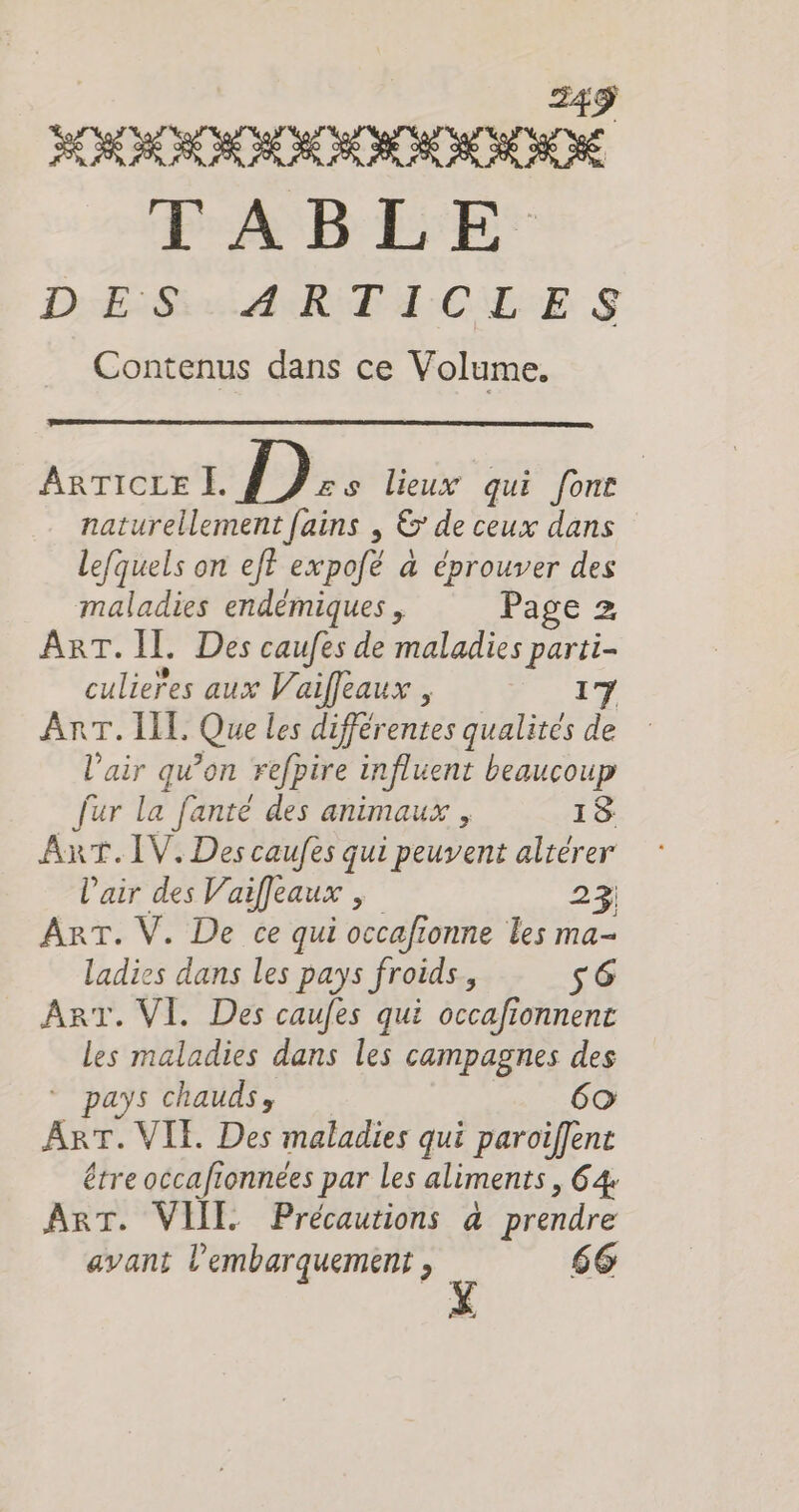 ici TABLE DES ART Ad CL E S Contenus dans ce Volume. ARTICLE D lieux qui font naturellement fains | &amp; de ceux dans lefquels on ef? expofé à éprouver des maladies endémiques , Page 2 ART. II. Des caufes de maladies parti- culie’es aux Vaifleaux , 17 ART. II Que les différentes qualités de l'air qu’on refpire Xe à beaucoup fur la fanté des animaux , 18 ART. IV. Des caufes qui peuvent altérer l'air des Vaifiaux , 23 ART. V. De ce qui occafionne Les ma- ladies dans les pays froids, s6 ART. VI. Des caufes qui occafionnent les maladies dans les campagnes des * pays chauds, 60 ART. VIE. Des maladies qui paroiffent être occafionnées par Les aliments, 64 ART. VIE Précautions à prendre avant l’embarquement , 66