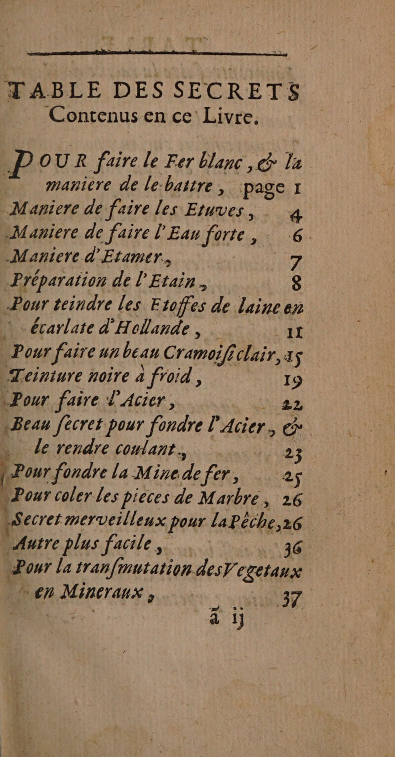 TABLE DES SECRETS Contenus en ce Livre. OUR faire le Fer blanc ,& % maniere de le-battre, “page I _Maniere de faire les Eruves, . 4 Maniere de faire L'Eau forte, : 6. Mantere d'Etamer., F. Préparation de l'Etain Te Pour teindre les Etoffes de laineen t - écarlate d'Hollande , cat Pour faire un beau Cramoificlair, x $ Teiniure noire a froid , I Le “Pour faire V’'Acier, à \Beau fécret pour fondre l’Acier. Hs ù … lerendreconlants 23. Pour fondre la Mine de HR Res » Pour coler Les pieces de Marbre, 26 “Secret merveilleux pour laPéche,26 « Autre plus facile, 36. Pour la fran finutation. desV'egetaux 7 RG PAIE VAT
