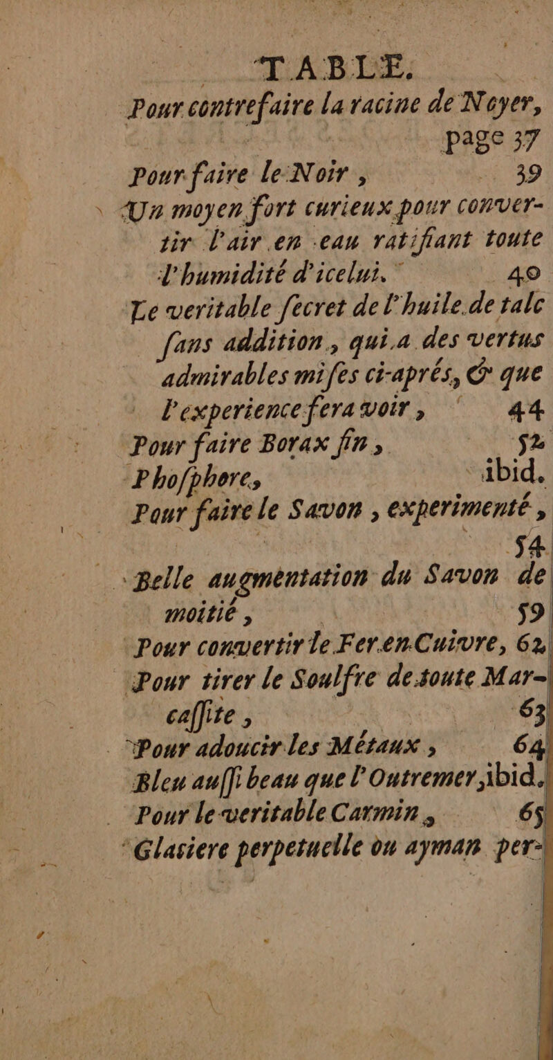 ke A B LE, | Pour contrefaire La racine de Noyer, Ne” 37 Ponr faire le:Noir , 39 \ Ur moyen fort curieux pour conver- tir l'air en eau ratifiant pal l'humidité d'icelui, Le veritable fecret de l'huile. de hs fans addition, qui.a des vertus admirables mi fes ci-aprês, C que lexperienceferavoir, se Pour faire Borax fins. Phofphere, ‘ibid. Pour faire! Le Savon , experimenté, | :°f4 Belle augmentation du Savon de moitié 59) | Pour convertir le Fer sacre 6 à ot } | 6 Pour adoucir les Métaux ; 64, Bleu auf beau que l’Outremer ibid. Pour leveritable Carmin , 6 Glasiere perpetuelle on ayman per