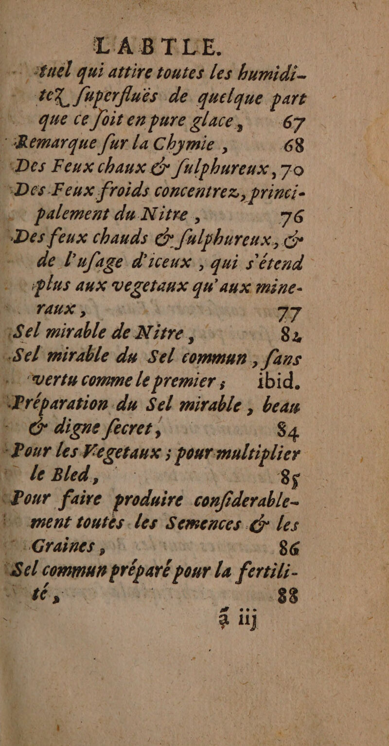 … sfuel qui attire toutes Les bumidi | #eX fuperfluës de quelque part … quete foitenpure glace, 67 Remarque [ur la Chymie , 68 «Des Feux chaux © [ulphureux, 70 “Des Feux froids concentrez, princi- &gt; palement du Nitre, 76 “Des feux chauds @ fulghureux, d — de l'ufage d'iceux ; qui s'étend + Lplus aux Vvegetanx qu'aux mine- NT SES 77 Sel mirable de Nitre, — 82 «Sel mirable du Sel commun, [ans » ‘vertu commele premier; ibid. Préparation du Sel mirable , bear » © digne fécret, $4 “Pour les Vegetaux ; pour maltiplier ù de Bled, 8$ wPour faire produire confiderable- À ment toutes.les Semences Gr les ‘Ti Graines, | 86 Mel commun préparé pour la fertili- ue Tite 88 en