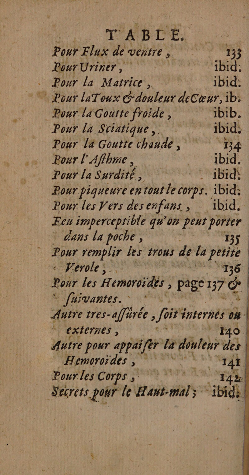 TOR OE] Pour Flux de VÉRITÉ 3 133 Pour Urinér, ibid; Pour la Matrice, ibid: + Pour laToux douleur deCœur, 1b: Pour laGoutte froide, bib. Pour la Sciatique ‘ibid; Pour la Goutte chaude , oi : 2: Pour l'Affhme, DIT Pour la Surdité bas . ibid: Pour piqueure en fout le corps. ibid; Pour les Vers des enfans df, ibid. Fer imperceptible qu'on peut porter * dans la poche, 13ÿ Pour remplir Les trous de la petite | + Verole, PRE) Poir les Hemoïdtr page 137 œ | * fuivantes. | Autre tres-affurée sfr. internés LE 4 * externes , &lt; 140. Autre pour appaifer | la douleur des Hemoroides ,   14t{ | Pour les Corps Y sisi D T4 UT pour le WADE À bide
