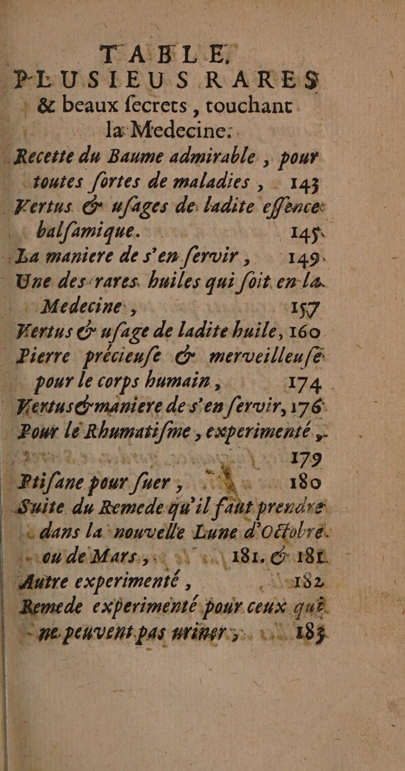 T A. F L'EF PEUSIEU SRARES + &amp; beaux fecrets , touchant la Medecine: | Recette du Baume admirable , pour “toutes fortes de maladies , : 143 Kertus @* ufages de: ladite effencet balfamique. | I4ÿ La manicre de s'en Jervir, 149 Une des‘rares. huiles qui foit en la. Medecine. Jo ot 157 nes Co ufage de ladite Laits 160. Pierre précienfe GC merveilleufé pour le corps humain, 74 . | nus mnitre des’'en [ervir, 176: | de le per AE experimenté AE 25 179 bonne pour fer : , st x. 180 | Suite du Remedequ'il faut prendre Là dans la: nouvelle Lune d'Oftobré. ou deMars.,: UE I8£ Autre experimenté N AT r/n Remede experimenté pour ceux qui. HE PHVERT PAS HNRET 5. Lie 18%
