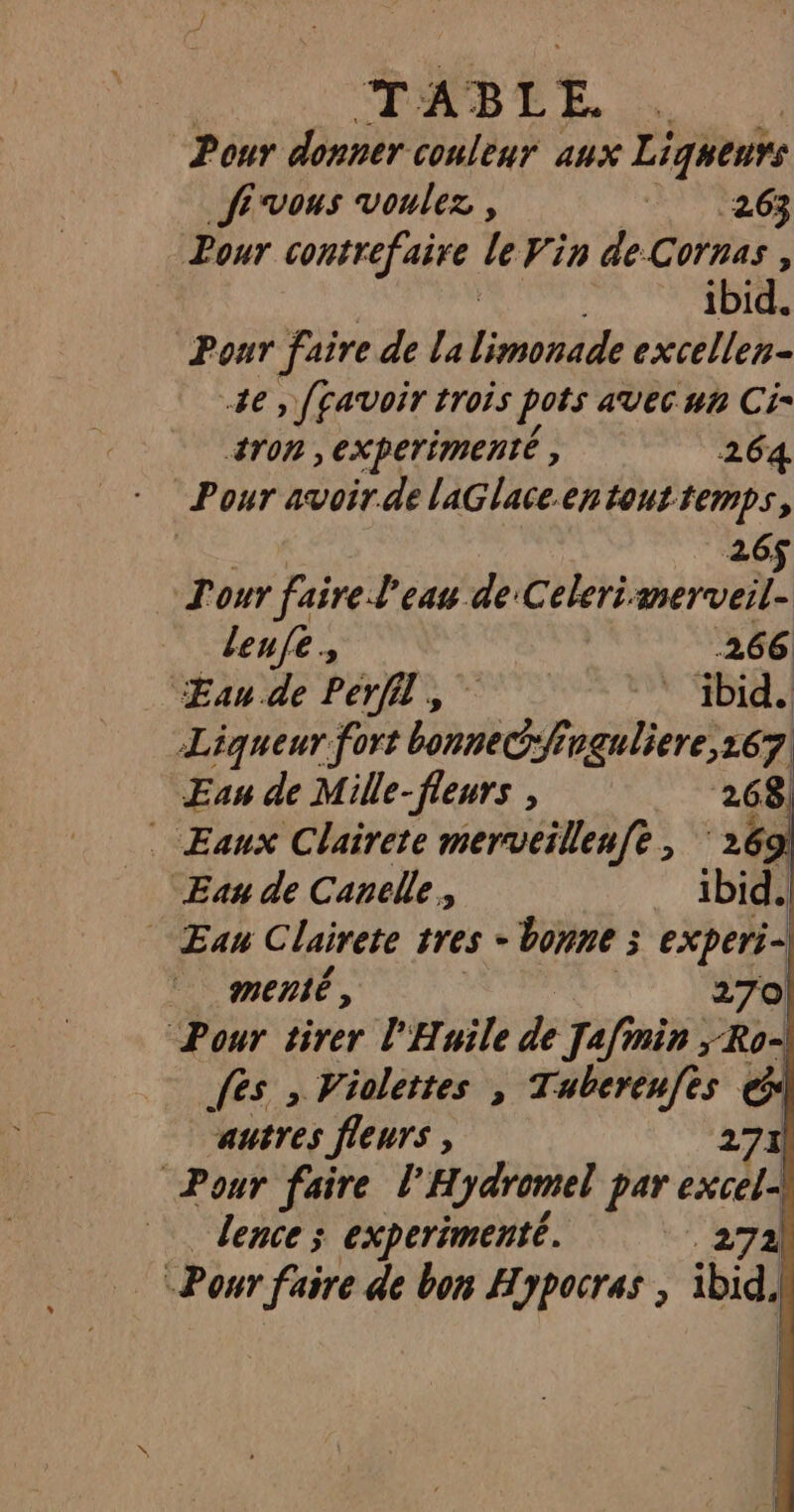 Pour donner couleur aux Ligueurs Jévous voulez , 263 Pour contrefaire le Vin de. Cornas, Pour faire de la limonade excellen- 1e , [pavoir trois pots avec ut Ci- 4T0R , EXPETIMENTÉ , 264 Pour avoir de laGlace.entouttemps, pair 26$ Tour faire l'eau de Celeriamerveil- deufe, 266 … ŒEau de Perf, eat 0: Liqueur fort RR rguliere,267 Es de Mille-fleurs , 268 . Eaux Clairete merveilleufe, ‘269 Eau de Canelle, _ ibid.l Eau Clairete tres - - bonne 3 experi- | ment, 270 Pour tirer l'Huile de Jefmin ; Ro- fes > Violettes , Tubereufes € autres fleurs , 272 Pour faire l'H ydromel par excel dence; experimenté. ‘272 “Pour faire de bon Hypocras , ibid,