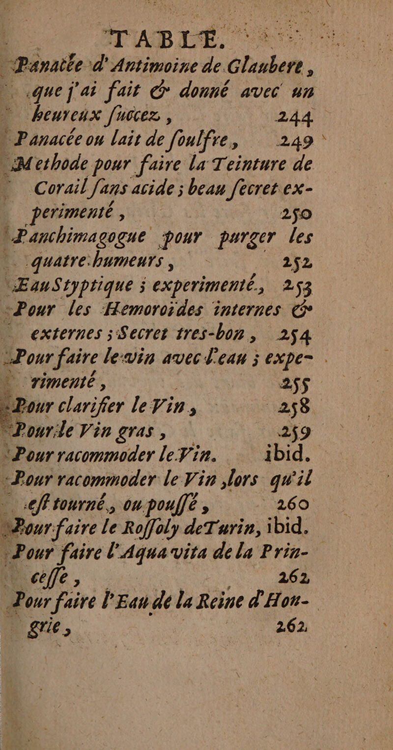 E ABEE, 7 ES Panaile d'Antimoine de, FA Sin L que j'ai fait C* donné avec un heureux [uccez , 244 Panacée ou lait de foulfre, 249 Methode pour faire la Teinture de | Corail Jans acide ; beau fecret ex- perimenté , 250 »Panchimagogue pour purger les quatrehumeurs, 252 | EanStyptique ; E experimenté, 253 Pour les Hemoroides internes externes ;Secret tres-bon > 254 ‘rimenté, 255 pur clarifier leVin, 258 Pour:le Vin gras, 259 \ Pour racommoder le Vin. ibid. Pour racommoder le Vin lors qu'il -€ff tourné, ou-pouffé , 260 % Pour faire Le Roffoly deTurin, ibid. «Pour faire l'Aqua vita de la Prin- cèffe 2 262 ra _grie ; 2.62,