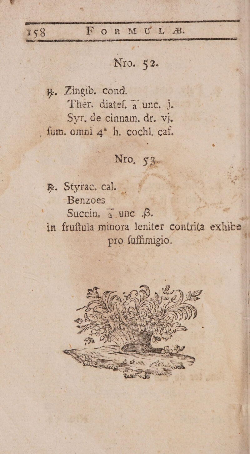 FK Nro. $2. to ! p. Zingib. cond. Ther. diatef. à unc. j. Syr. de cinnam. dr. vi. . fum. omrpi 4* h. cochl. caf. Nro, La niea, e ttal