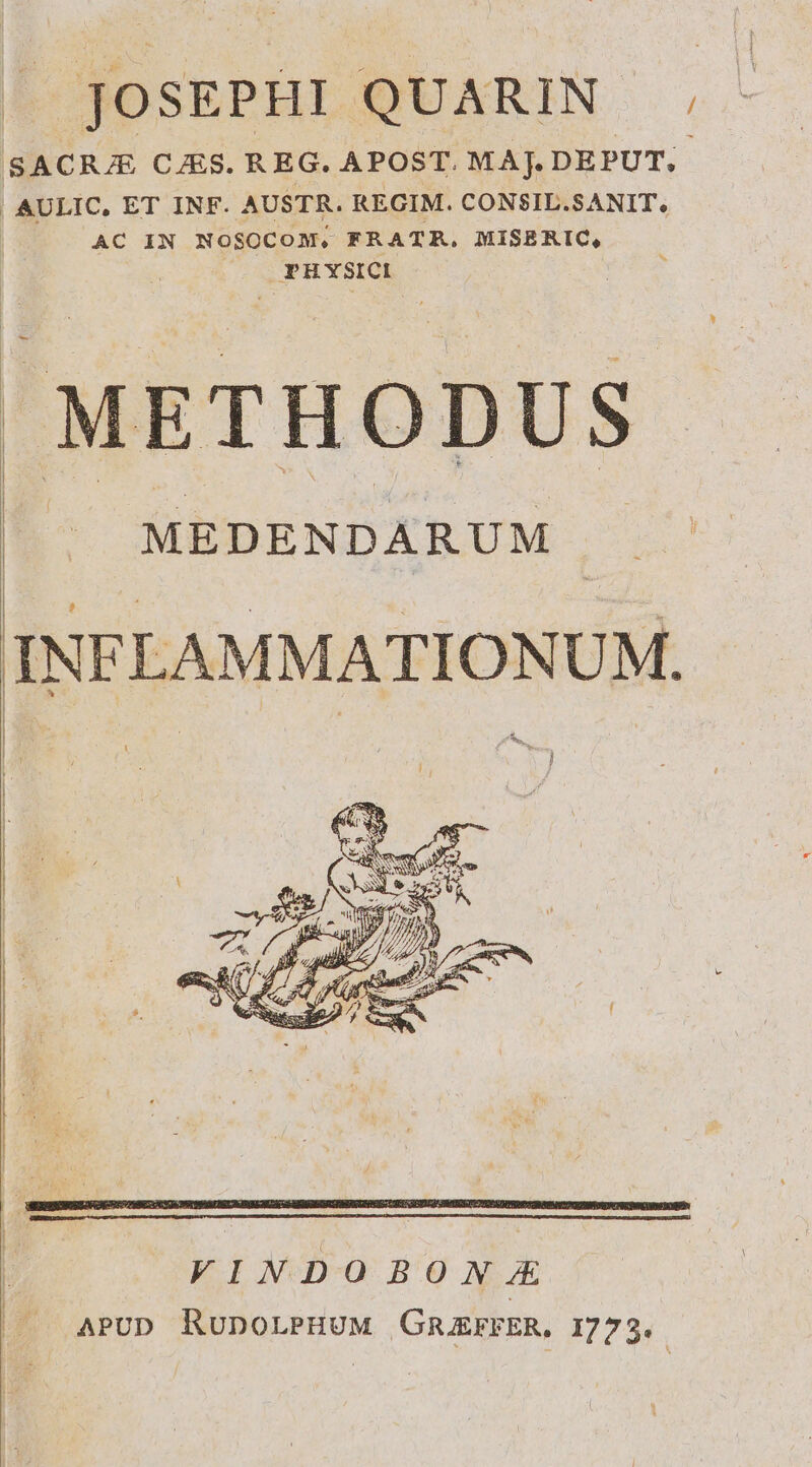| JosEPHI QUARIN | SACRJE CJES. R EG. APOST. MAJ. DEPUT. | AULIC, ET INF. AUSTR. REGIM. CONSIL.SANIT, AC IN NOSOCOM, FRATR. MISERIC, PHYSICI METHODUS MEDENDARUM | | | | | | | INFLAMMATIONUM.