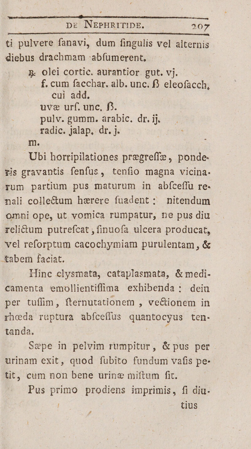- 1 i E 2 g ini : A á DE NEPHRITIDE. ^07 ti pulvere fanavi, dum fingulis vel alternis diebus drachmam :abfumerent, | &. olei cortic. aurantior. gut. vj. - f. cum facchar. alb. unc. f) eleofacch, .. eui add. uve urf. unc, f^. pulv. gumm. arabic. dr. ij. radic. jalap, dr. j. m. Ubi horripilationes pregteffz, ponde- ris gravantis fenfus, tenfio magna vicina. rum partium pus maturum in abfceffü re. nali collectum herere fuadent: nitendum Omni ope, ut vomica rumpatur, ne pus diu - reli&um putrefcat ,finuofa ulcera producat, vel reforptum cacochymiam purulentam , & Xabem faciat. Hinc clysmata, cataplasmata, & medi- camenta emollientifima exhibenda: deiu per tuffim, fternutationem , ve&tionem in rhoda rüptura abfceffus quantocyus ten. tanda, : uc am Sepe in pelvim rumpitur, &pus per. urinam exit, quod fübito fundum vafis pe- tit, cum non bene uring miftum fit. Pus primo prodiens imprimis, fi diu. ES tius r d -