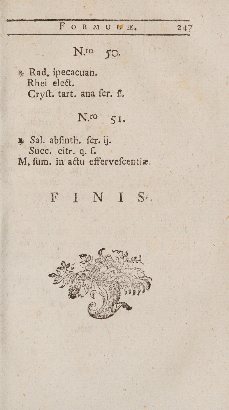 * Fo IN.'o | 5o. &amp; Rad, ipecacuan. Rhei elect, Cryft. tart. ana fcr. fs. N.9' sr, x Sal. abfinth. fcr. ij. Succ. citr. q. f. M, fum. in a&amp;u etffervefcentie. UCSDUN q $*.
