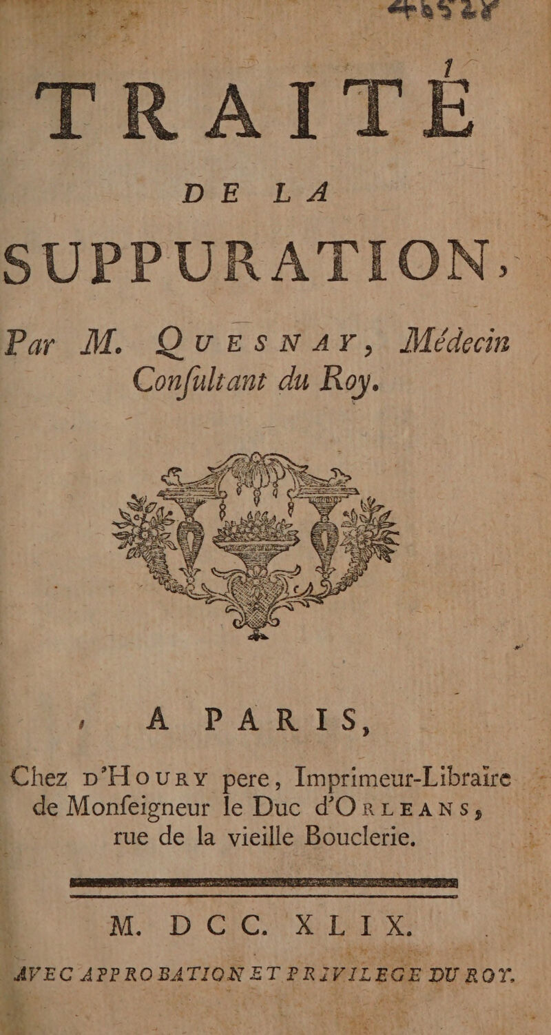 D E L A SUPPURATION, Par M. QuEesNar, Médecin Confultant du Roy. NU R DAME RS Chez D'Houry pere, Imprimeur-Libraire de Monfeigneur le Duc d'ORLEANS, rue de la vieille Bouclerie.