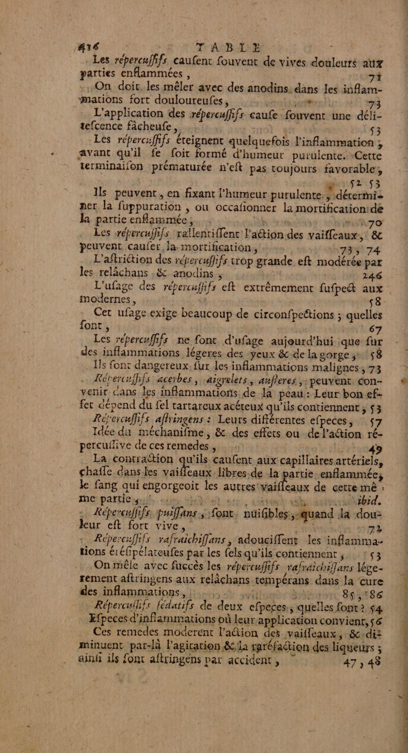. Les répercafffs eaufent fouvent de vives douleurs atx parties enflammées , -.-On doit, les mêler avec des anodins: dans les inflam- “mations fort douloureufes, 73 + voi L'application des répercuffifs caufe fouvent une déli- tefcence fâcheufe ,. SR OÙ fr. $3 Les réperc:ffifs éreignent quelquefois l'inflammation : avant qu'il fe foit formé d'humeur purulente. Cette terminaifon prématurée n'eft pas toujours favorable; | m52053 Ils peuvent, en fixant l'humeur purulente:, détermie ner la fuppuration , ou occafionner la mortification:dé k partie enflammée,. , Ne rires Msn 7o Les réperculhifs rallenti{fent Fa@tion des vaifleaux, &amp; peuvent caufer, la. mortifieation, 735 74 L'aftriction des répercufhfs wrop grande eft modérée par les relächans ,&amp; anodins ; | | 246 L'ufage des répercufhfs eft extrèmement fufpe&amp; aux . modernes, \# 58 Cet ufage exige beaucoup de circonfpeétions ; quelles font , 67 Les répercuffifs ne font d'ufage aujourd'hui .que fur des inflammarions légeres des yeux &amp;-de la gorge ÿ 58 Us font dangereux. fur les inflammations malignes, 73 Kérercuffifs acerbes, aigrelets, aufieres ,; peuvent. éon- venir Cans les inflammations de Ja peau: Leur bon ef- fer dépend du fel tartareux acéteux qu’ils contiennent ; $3 Rérercuffifs aflringens : Leurs différentes efpeces, 57 Idée du méchanifme, &amp; des effets ou de l’action ré- percuilive de ces remedes, ls 49 La contrattion qu'ils caufent aux capillaires artériels, çchaffe danses vaiflcaux libres.de la partie. enflammée, le fang qui engorgeoit les ire cs de certe mê : Me partie sun Ma) ere. Ltée xd Mstit QUE Ed, -. Répereuffifs, puiffans font nüiGbles:;squand da dou: leur eft fort vive, Nos 72 Répercsffifs rafraichiffans, adouciffent les inflamma- tions éréfipélateufes par les fels qu'ils contiennent, : :53 On mêle avec fuccès les répercuffifs vafraichiffans lége- rement aftringens aux relâchans tempérans dans la cure des inflammations., :4:,, 4 with dértorc 865286 Répercillifr fédatifs de deux efpeces.; quelles font? 4 Ces remedes moderént l’aétion des vailleaux, &amp;c:dit minuent par-là l'agitation &amp; la raréfaction des liqueurs ; ainit ils font aflringens par accident , 47 , 48
