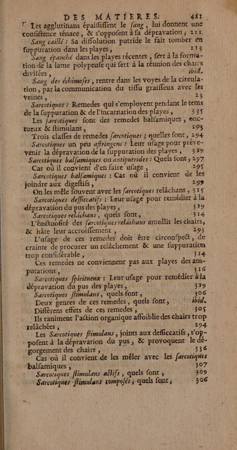 T Les agglutitians épaifliffent le ang , lui donnent une confiftence ténace, &amp; s’oppofent à fa dépravation; 211 Sang caillé : Sa diffolution putride le fair tomber en fuppüration dans les playes, Aa 213 Sang épanché dans les playes récentes , fert à Ja forma- tion de la lame polypeufe qui fert à la réunion des chars divifées , ibid. Sang des échimofes , rentre dans les voyes de la cireula- tion, parla communication du tiffu graiffeux avec Îes veines , 23 Sarcotiques : Remedes qui s’employent pendant le tems de la fuppuration &amp; de l'incarnation des playes, : 335 Les farcotiques font des remedes balfamiques ; enc- tueux &amp;ftimuians, 193 Trois claffes de rernedes farcoriques ; quelles font, 294 se 1 un peu «/ringens : Leur ufage pour préve- venir la dépravation de la fuppuration des playes, 3 #9 Sarcotiques balfamiques où antiputrides : Quels font ; 297 Cas où il convient d’eñ faire ufage, -295 Sarcotiques balfamiques : Cas où il convient de les joindre aux digeftifs , ; 199 On les mêle fouvent avec les farcotiques relâchans ; 315 = Sarcotiqués defficcatifs : Leur ufage pour remédier à la dépravation du De des playes ; 329 Sarcotiques relächans , quels fort ; à 314 , ‘ / à # , , L'ôn&amp;uofité des fercotiques reléchans amollit les chairs, &amp; hâte leur accroiflement , 293 L’ufage de ces remedes doit être circonfpeët, de crainte de procurer un relâchement &amp; une fuppuration trop confdérable , 114). Ces remedes ne conviennent pas aux playes des am- putations , nor 316 Sarcoriques fpiritneux : Leurufage pour remédier àla dépravation du pus des playes, | 339 Sarcotiques flimulans, quels font , 306 Deux genres de ces remedes, quels font, ibid. Différens effets de ces remedes ; 30$ ls raniment l’action organique affoiblie des chairs trop relâchées , ÊtRr 294 Les Sarcotiques flimulans , joints aux defliccatifs , s'op- pofent à la dépravarion du pus; &amp; provoquent le dé- ‘gorgement des chairs , 336 Cas où il convient de les mêler avec les farcoriqnes balfamiques , 307 Sarcotiques flimulans aëlifs, quels font , 309 : Sarcotiques flimulans vompolés ; quels font; 306