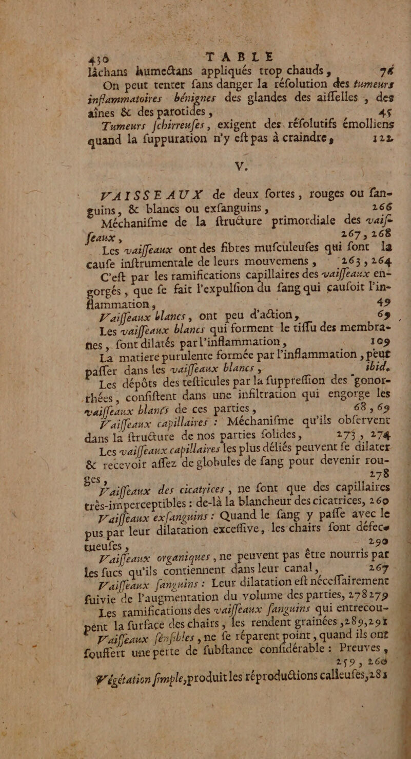 lâchans humeltans appliqués trop chauds, 76 On peut tenter fans danger la réfolution des fumeurs inflammatoires A el des glandes des aiffelles , des aînes &amp; des parotides , | 45 Tumeurs fchirreufes, exigent des. réfolutifs émolliens quand la fuppuration n'y eft pas à craindre, 112 FF V'AISSE AUX de deux fortes, rouges ou fan- guins, &amp; blancs ou exfanguins , 266 Méchanifme de la ftruêture primordiale des vaif- feaux, 267, 168 Les vaiffeaux ont des fibres mufculeufes qui font la caufe inftrumentale de leurs mouvemens , : 263,264 C'eft par les ramifications capillaires des vailleaux en- gorgés , que fe fait l'expulfion du fang qui caufoit l'in- flammation, 49 V'aiffeaux blanes, ont peu d'attion, 69 Les vaifeaux blancs qui forment le tiffu des membra- nes, font dilatés parl’inflammation, | 109 La matiere purulente formée par l’inflammation , peur pañler dans les vaiffeaux blanes , ibid, Les dépôts des tefticules par la fuppreffion des ‘gonor- thées, confiftent dans une infiltration qui engorge les mvaiflaux blanes de ces parties, 68,69 V'aiffeaux capillaires : Méchanifme qu’ils obfervent dans la ftruêture de nos parties folides, 274, 274 Les vaiffeanx capillaires les plus déliés peuvent fe dilater &amp; recevoir affez de glohules de fang pour devenir rou- ges, 278 V'aifeaux des cicatrices , ne font que des capillaires très-imperceptibles : de-là la blancheur des cicatrices, 260 V'aiffeaux exfanguins : Quand le fang y pañle avec le pus par leur dilatation exceflive, les chairs font défece tueufes , 290 Vraifjeaux organiques , ne peuvent pas être nourris par Les fucs qu'ils contiennent dans leur Casa V'aifleaux fanguins : Leur dilatation eft néceffairement fuivie de l'augmentation du volume des parties, 278279 “Les ramifications des vaiffeaux fanguins qui entrecou- énc la furface des chairs, les rendent grainées ,289,29% Vaiffeaux fénfilles ,ne fe réparent point , quand ils on? fouffert une perte de fubftance confidérable : Preuves , P'égétation fimple;produit les réproduétions calicufes,183