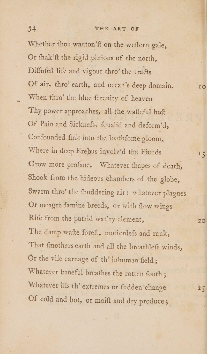 Whether thou wanton’ft on the weftern gale, Or fhak’ft the rigid pinions of the north, Diffufeft life and vigour thro’ the tra@ts Of air, thro’ earth, and ocean’s deep domain, When thro’ the blue ferenity of heaven Thy power approaches, all the watteful hoft Of Pain and Sicknefs, fqualid and deform’d, Confounded fink into the loathfome Sloan Where in deep Erebus involved the Fiends Grow more profane. Whatever fhapes of death, Shook from the hideous chambers of the globe, Swarm thro’ the fhuddering air: whatever plagues Or meagre famine breeds, or with flow wings _ Rife from the putrid wat’ry element, The damp waite foreft, motionlefs and rank, That fmothers earth and all the breathlefs winds, Or the vile carnage of th’ inhuman field; Whatever baneful breathes the rotten fouth : Whatever ills th’ extremes or fudden change OF cold and hot, or moift and dry produce; Ty 20 25