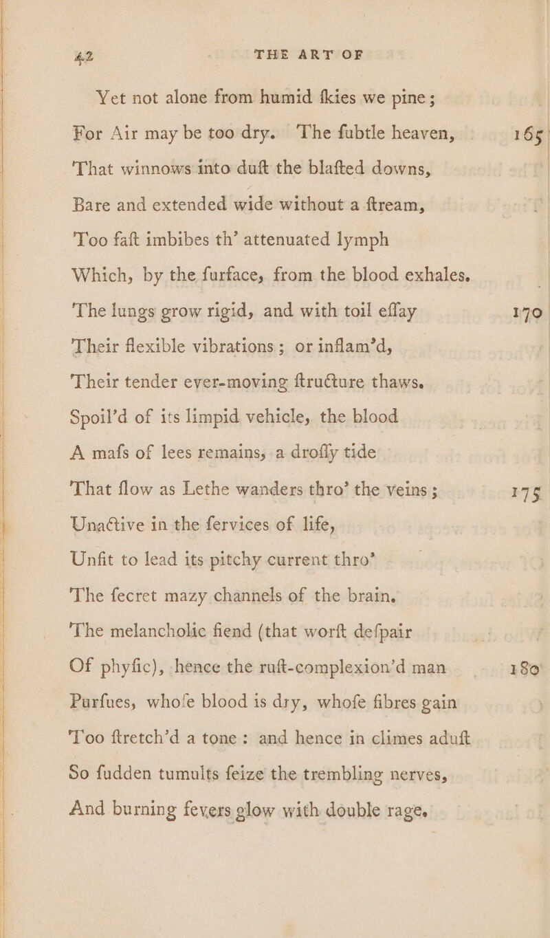Yet not alone from humid fkies we pine ; For Air may be too dry. The fubtle heaven, That winnows into duft the blafted downs, Bare and extended wide without a f{tream, Too faft imbibes th’ attenuated lymph Which, by the furface, from the blood exhales. The lungs grow rigid, and with toil eflay Their flexible vibrations ; or inflam’d, Their tender ever-moving ftructure thaws. Spoil’d of its limpid vehicle, the blood A mafs of lees remains; a drofly tide That flow as Lethe wanders thro’ the veins ; Unactive in the fervices of life, Unfit to lead its pitchy current thro’ The fecret mazy channels of the brain. ‘The melancholic fiend (that worft defpair Of phyfic), hence the raft-complexion’d man Purfues, whole blood is dry, whofe fibres gain Too ftretch’d a tone: and hence in climes aduft So fudden tumults feize the trembling nerves, And burning fevers glow with double rage. 165) 170 ETS. 180