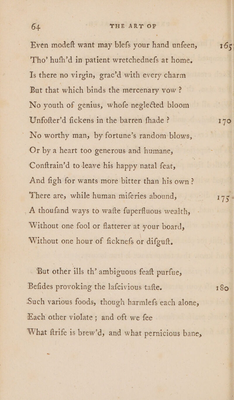 Even modeft want may blefs your hand unfeen, Tho’ hufh’d in patient wretchednefs at home. Is there no virgin, grac’d with every charm But that which binds the mercenary vow ? No youth of genius, whofe neglected bloom Unfofter’d fickens in the barren fhade? ~ No worthy man, by fortune’s random blows, Or by a heart too generous and humane, Conftrain’d to leave his happy natal feat, And figh for wants more bitter than his own? There are, while human miferies abound, _A thoufand ways to wafte fuperfluous wealth, Without one fool or flatterer at your board, ‘Without one hour of ficknefs or difguft. But other ills th’ ambiguous feaft purfue, Befides provoking the lafcivious tafte. Such various foods, though harmlefs each alone, Hach other violate; and oft we fee ‘What ftrife is brew’d, and what pernicious bane - 165) 170 175+ 180