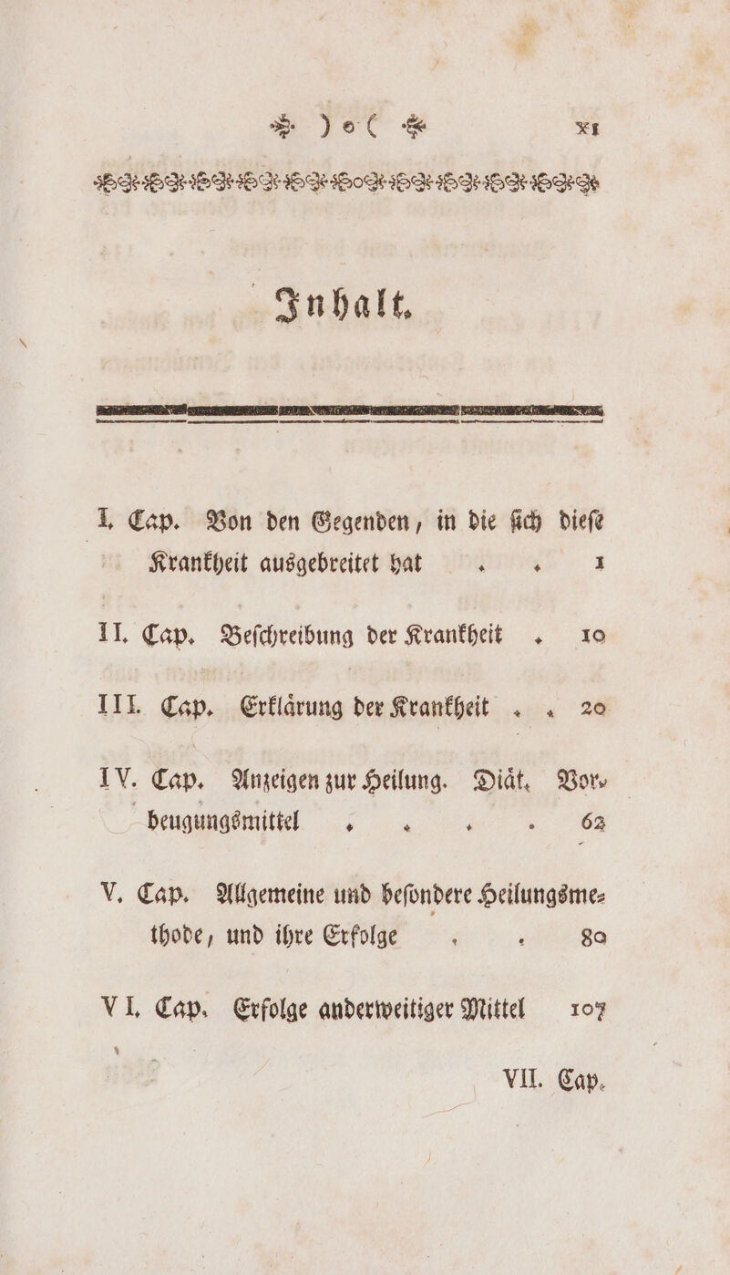 &gt; )o( &amp; x SESRERBTEFEOFBABERERWHH Inhalt. 4 Cap. Von den Gegenden, in die ſich dieſe Krankheit ausgebreitet hat Pi 1 II. Cap. Beſchreibung der Krankheit . 10 III. Cap. Erklaͤrung der Krankheit. 20 IV. Cap. Anzeigen zur Heilung. Diät, Vor beugungsmittel . 1 i 62 V. Cap. Allgemeine und beſondere Heilungsme⸗ thode, und ihre Erfolge 8 8 80 VI. Cap. Erfolge anderweitiger Mittel 107 VII. Cap.